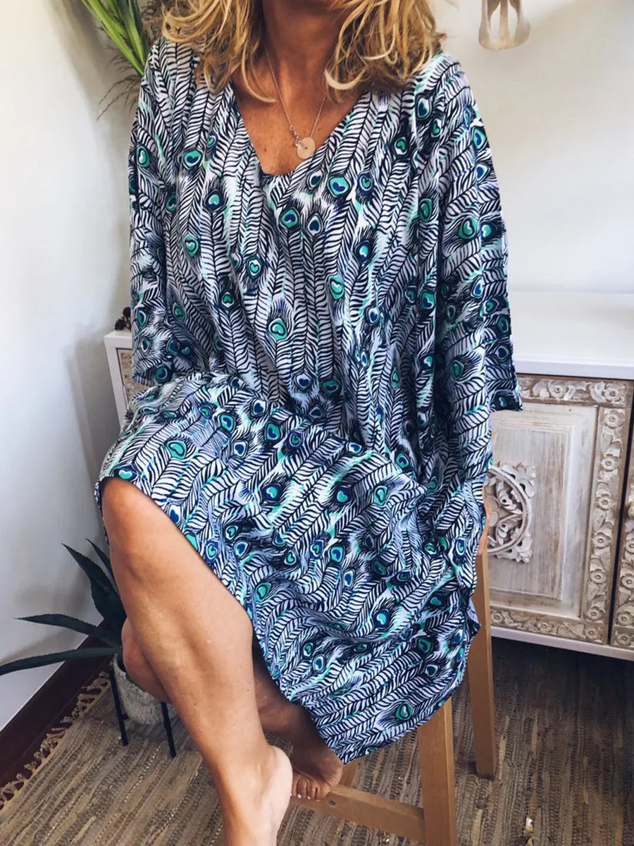 Bohemian Casual Comfortable Loose Soft Feather Print Dress