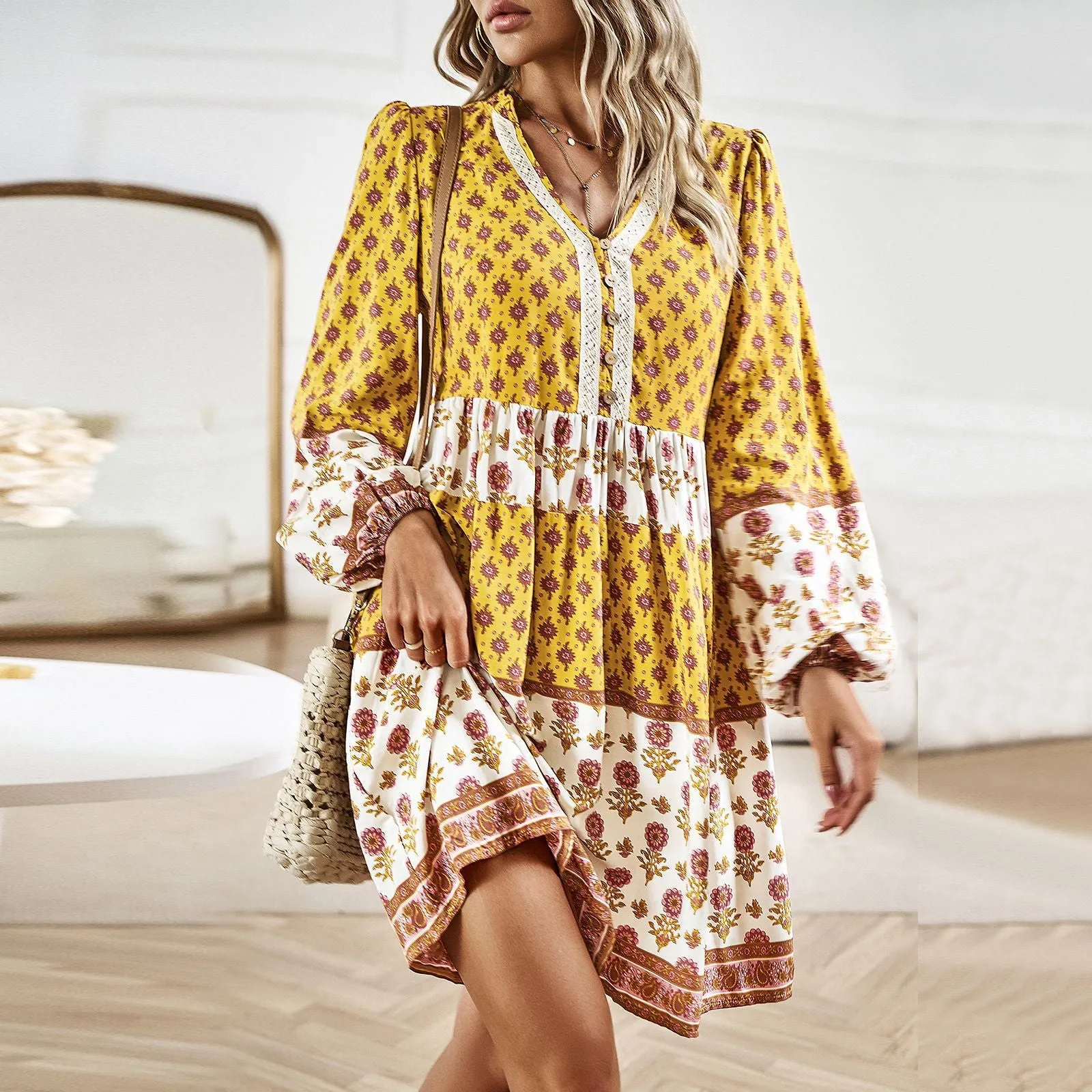 Bohemian Print Long Sleeve V-Neck A-Line Dress Wholesale Dresses