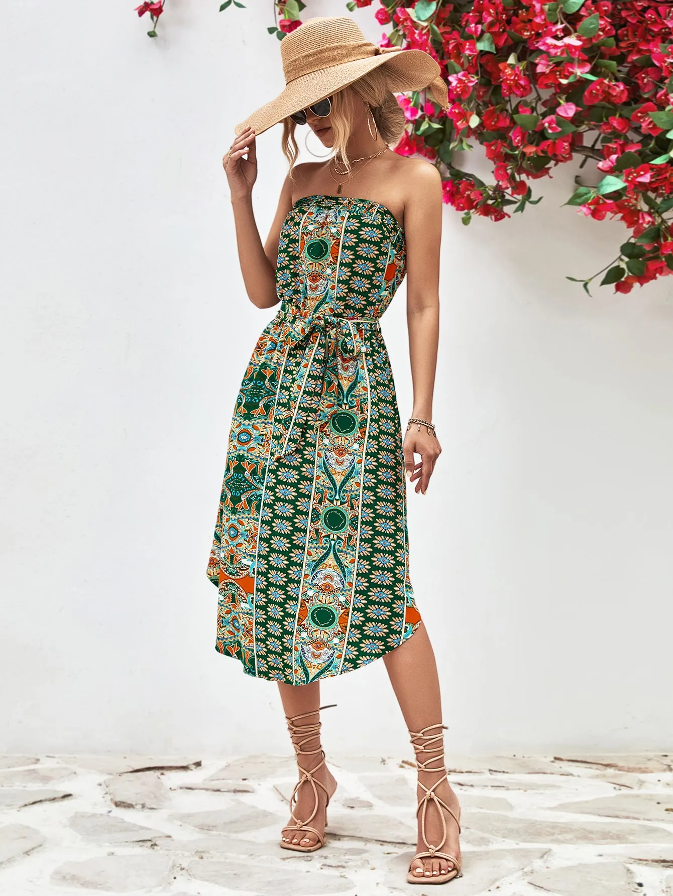 Bohemian Print One-Shoulder Irregular Dress Wholesale Dresses