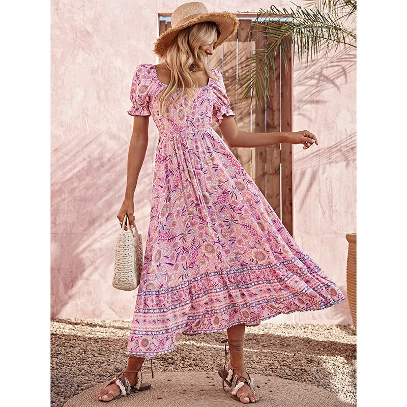 Bohemian Print Square Neck Balloon Sleeve Dress Wholesale Dresses