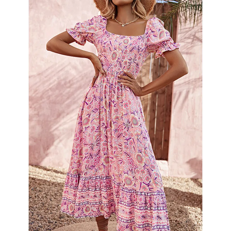 Bohemian Print Square Neck Balloon Sleeve Dress Wholesale Dresses