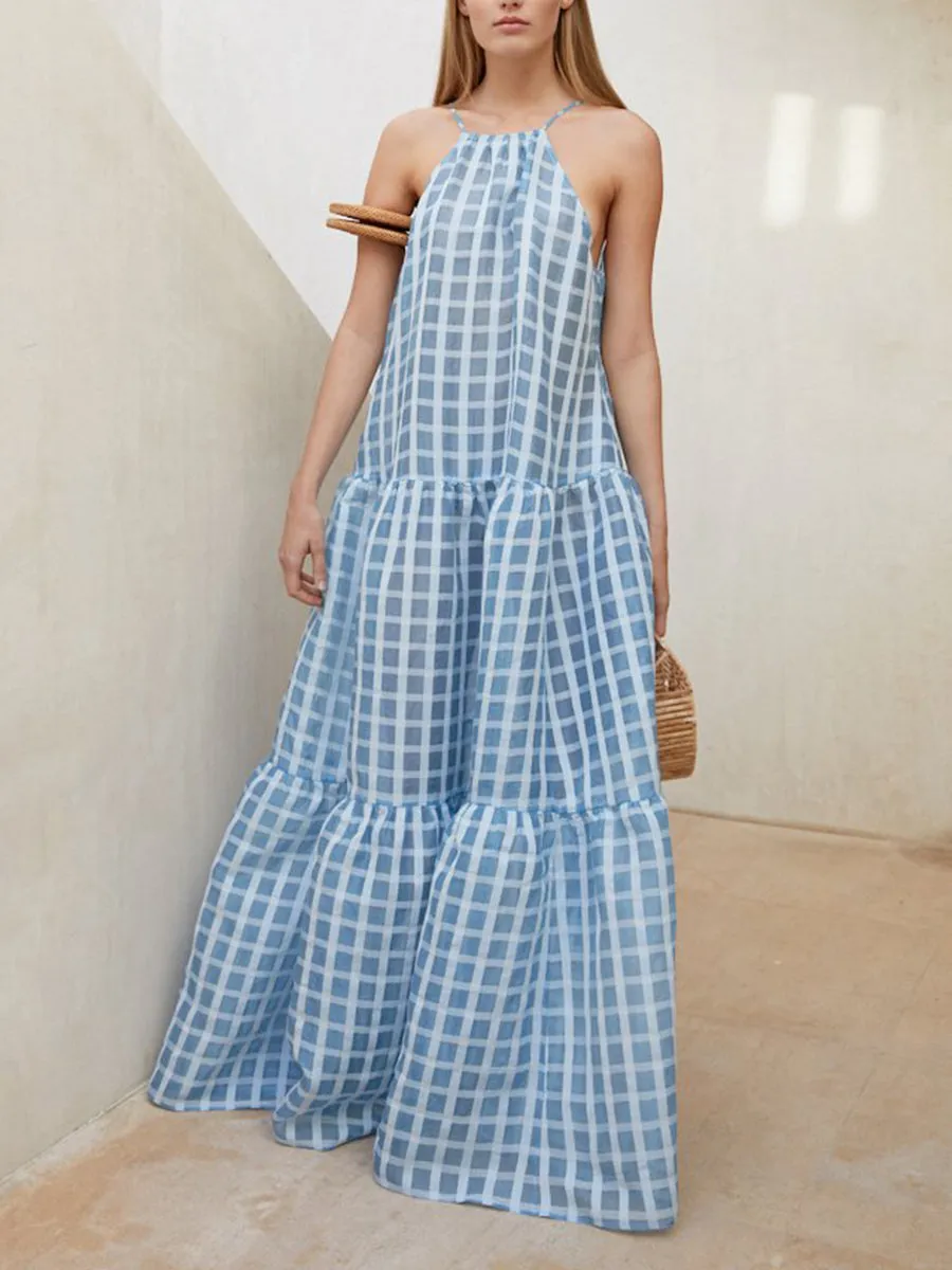 Bohemian Vacation Beach Check Maxi Dress