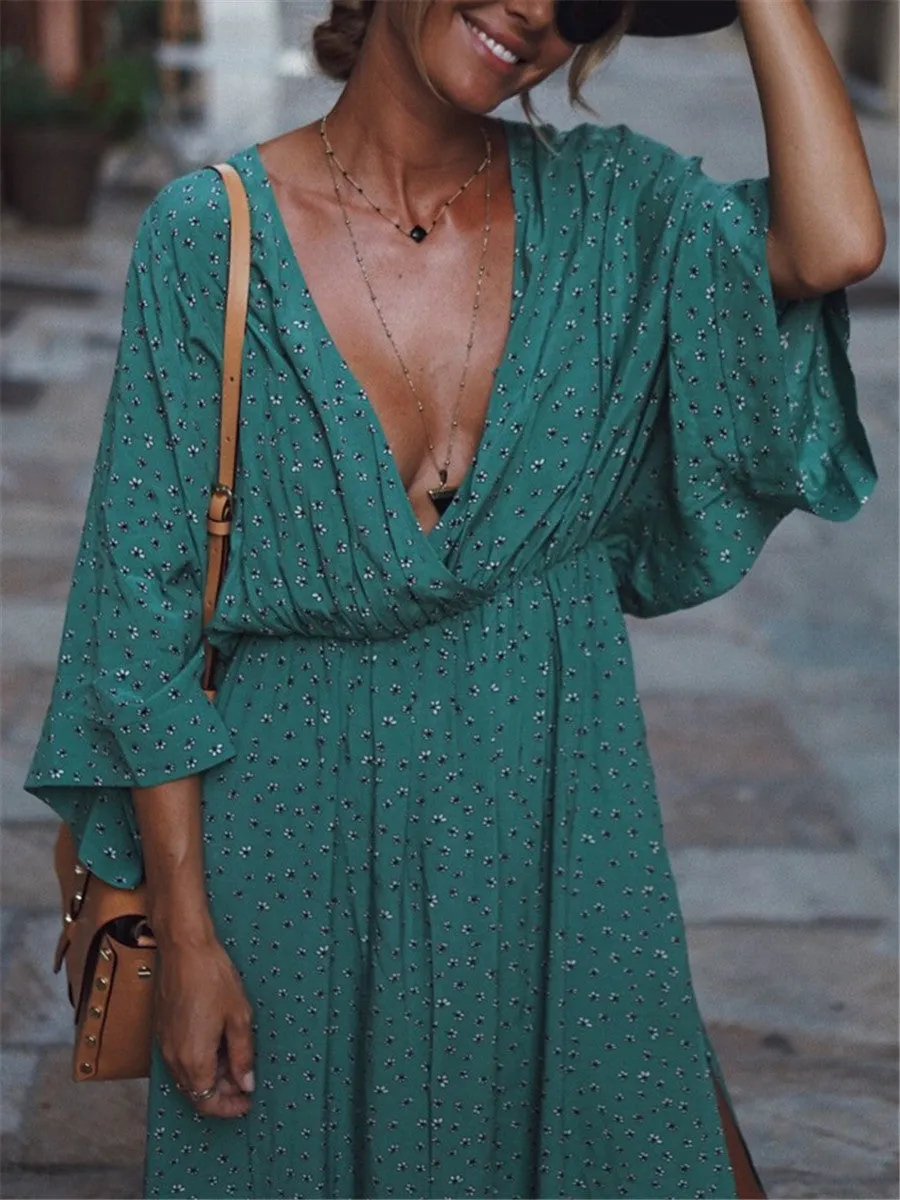 Bohemian Vacation V neck Floral Dress