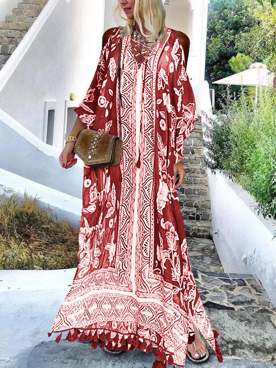 Bohemian Vintage Elegant Beach Vacation Fringe Maxi Dress