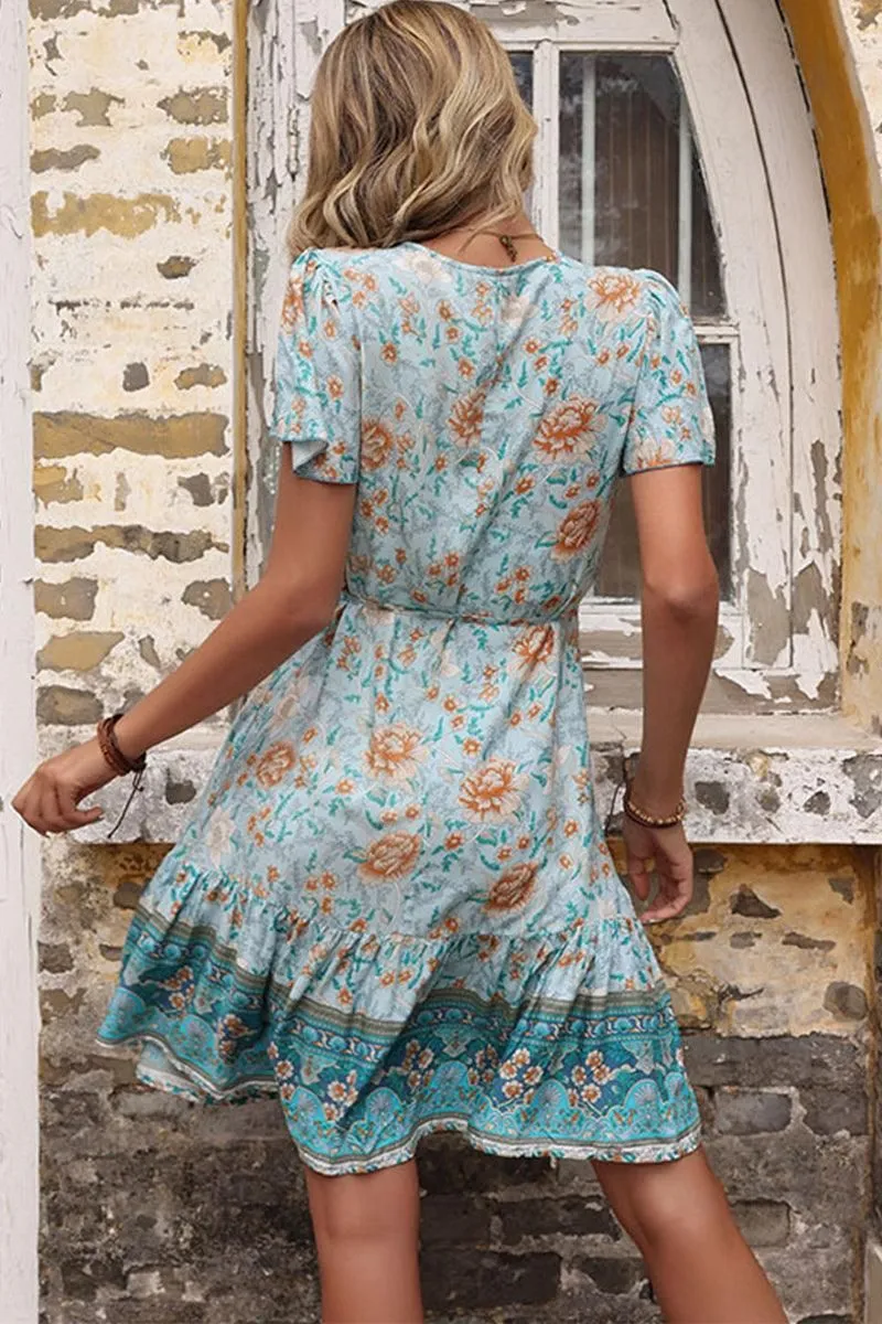 BOHEMIAN WRAP STYLE RUFFLED SHORT DRESS