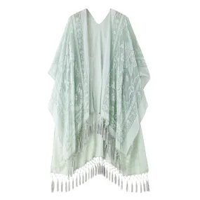 Boho Festival Mint Burnout Velvet Kimono long Shawl with Tassel Beach Cover-up Luxury Shawl