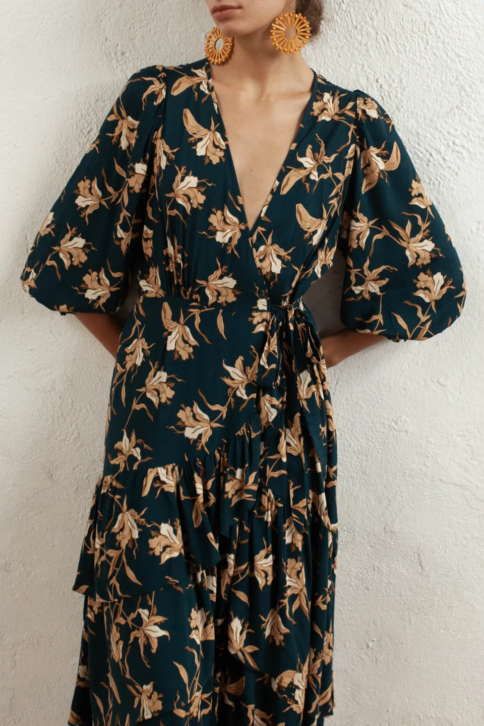 Bonita Peacock Floral LS Wrap Midi Dress