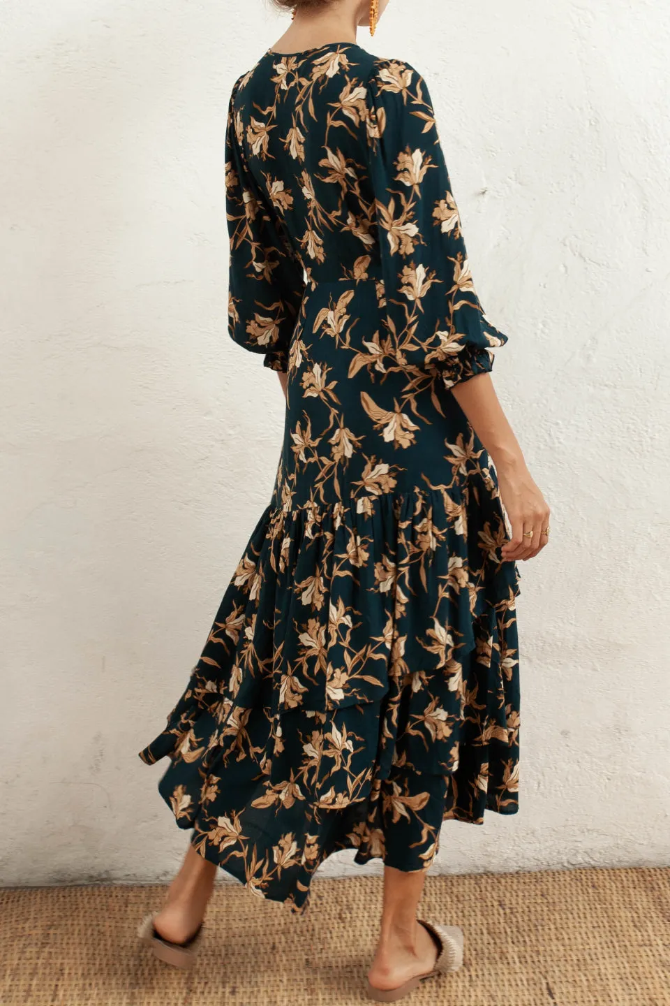 Bonita Peacock Floral LS Wrap Midi Dress