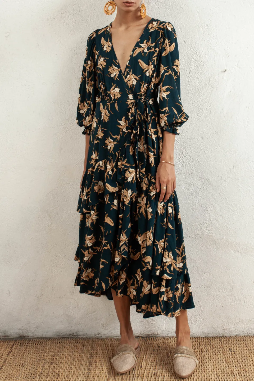 Bonita Peacock Floral LS Wrap Midi Dress