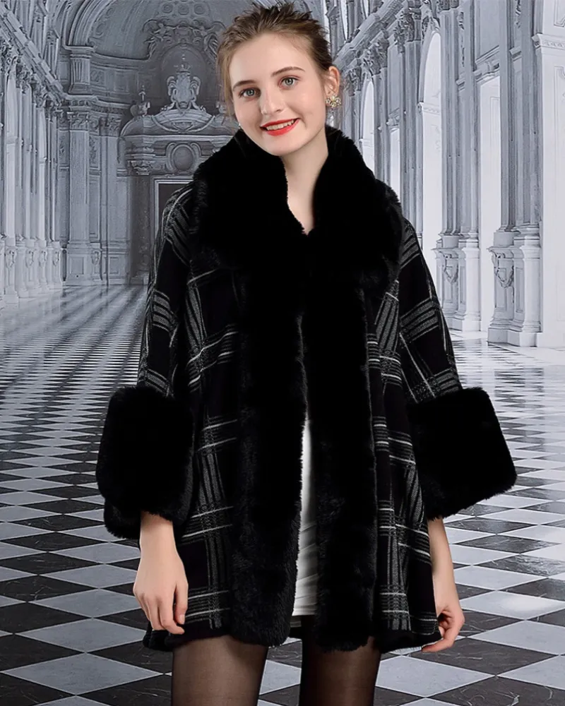 Cape Plaid Poncho Faux Rabbit Fur Knit Cardigan Cloak Coat