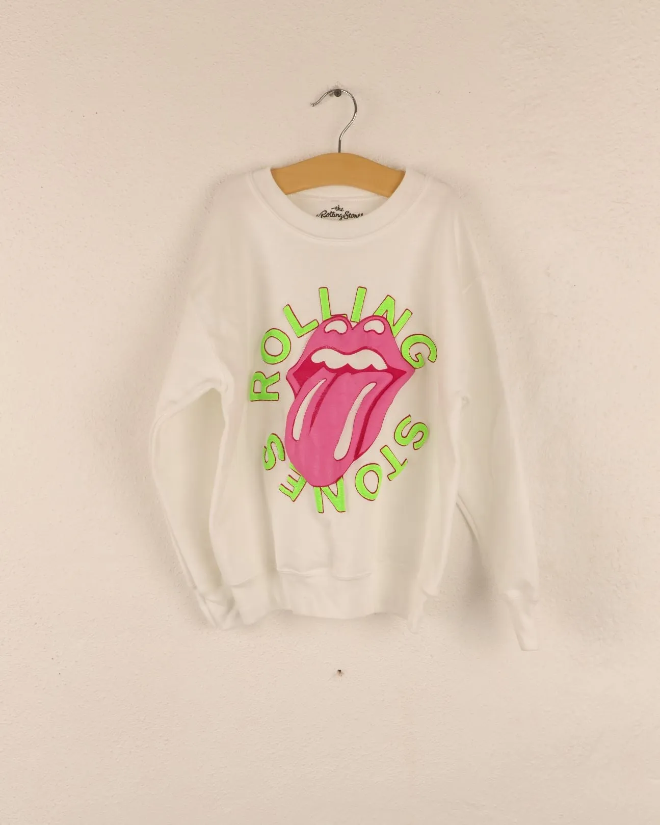 Children's Rolling Stones Neon Puff Classic Lick White Sweatshirt