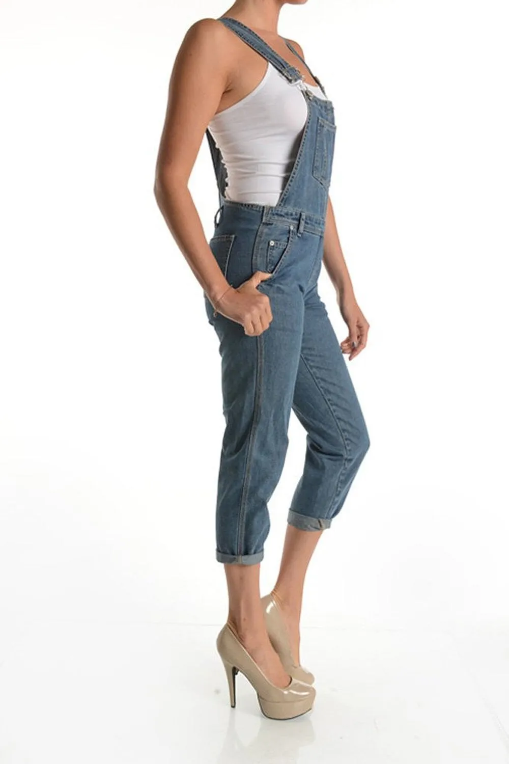 Classic Medium Wash Cropped Fashion Jumpsuit Denim Overalls