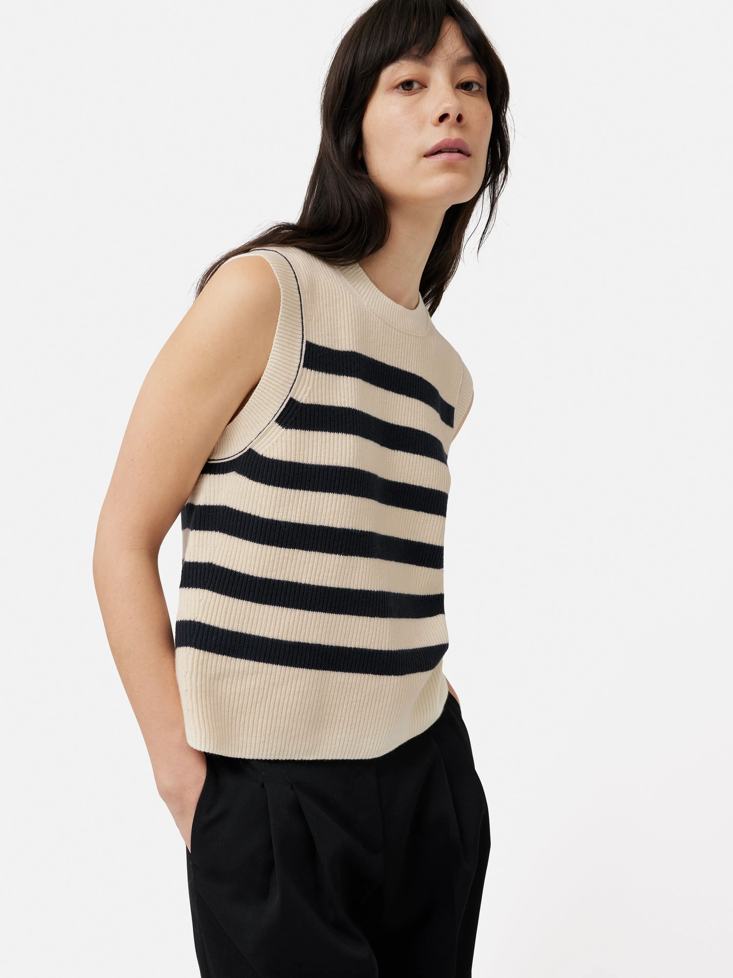 Cotton Blend Stripe Crew Tank | Navy