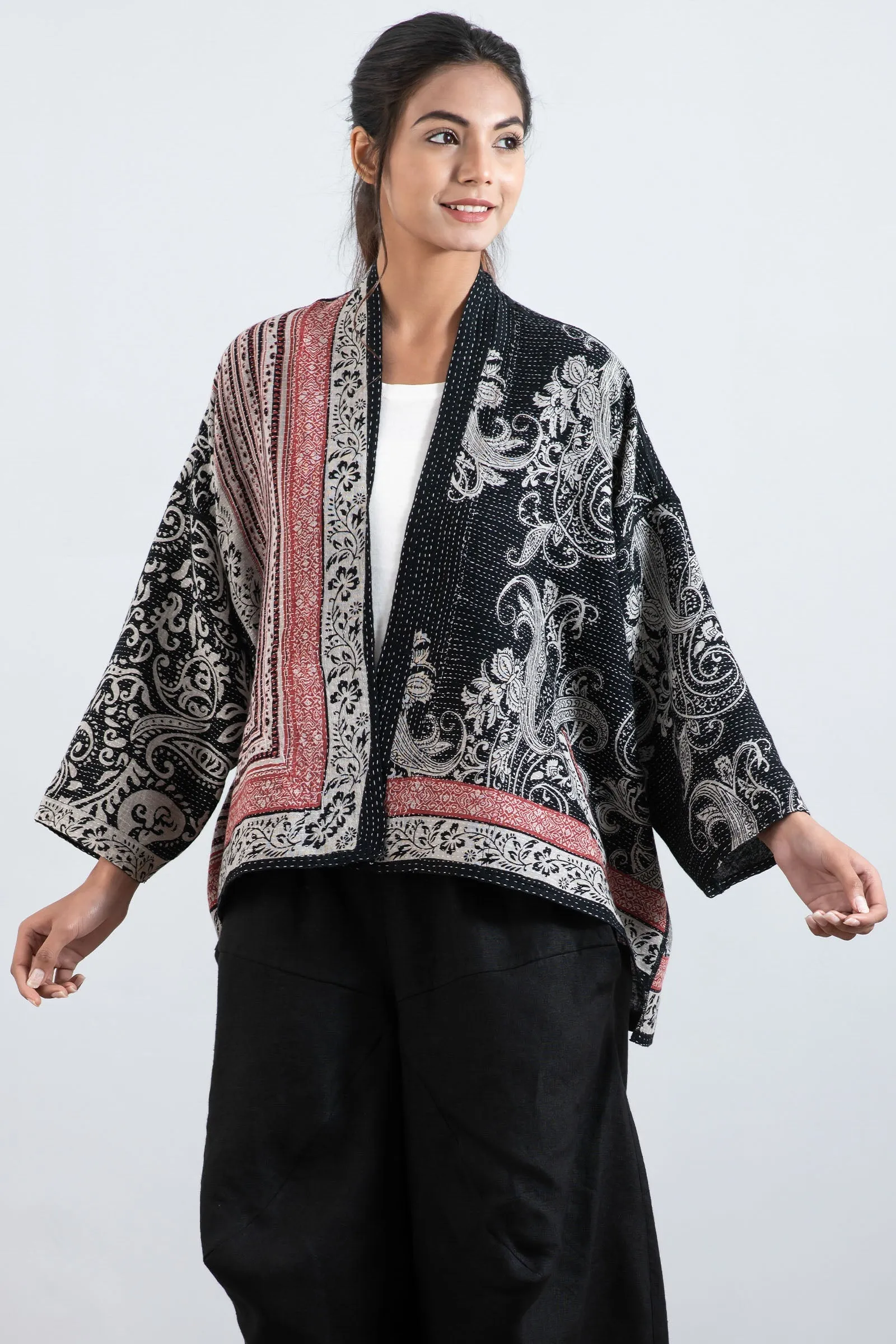 COTTON PAISLEY KANTHA MINI KIMONO JKT - cp2055-blk -