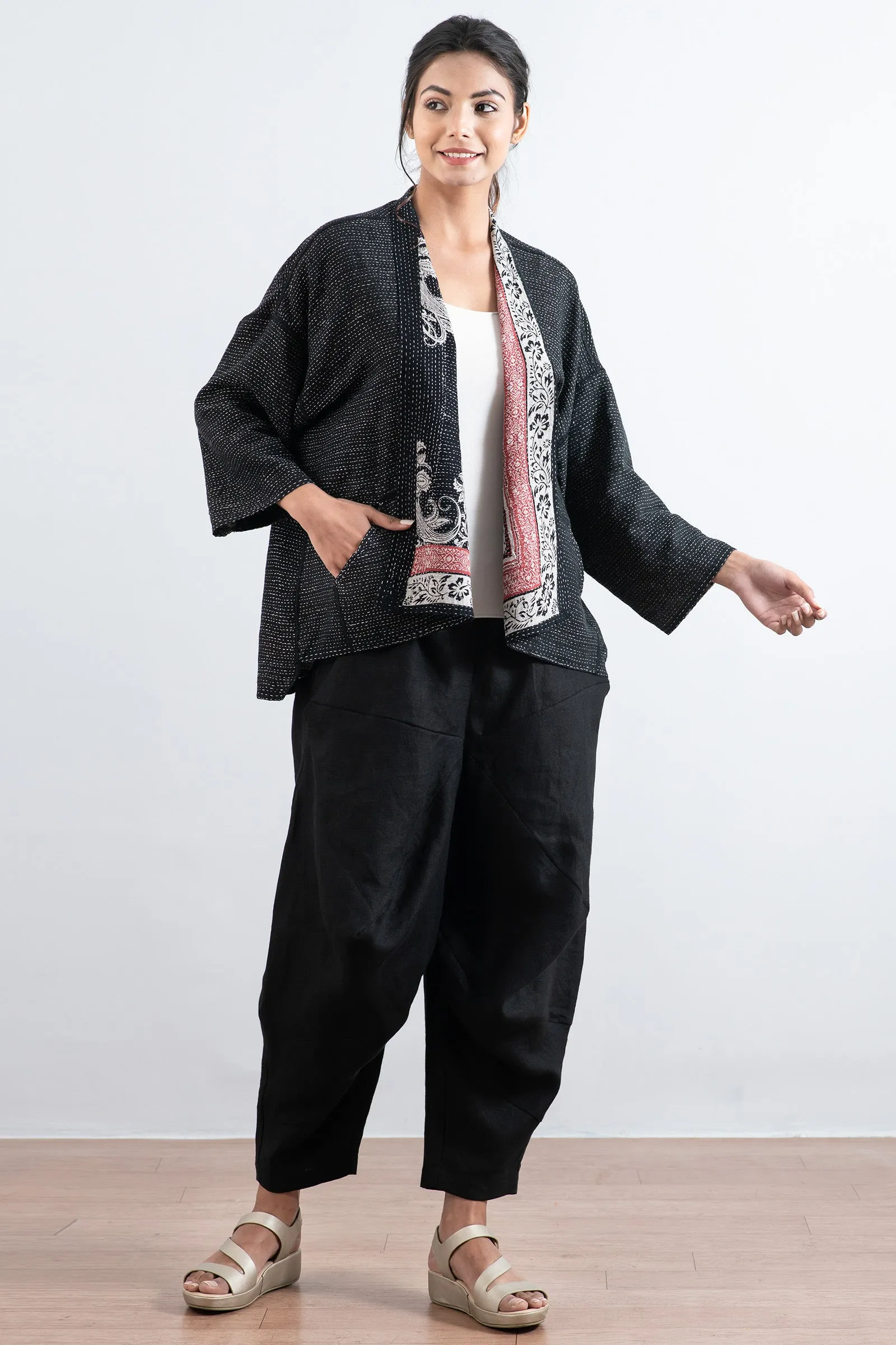 COTTON PAISLEY KANTHA MINI KIMONO JKT - cp2055-blk -