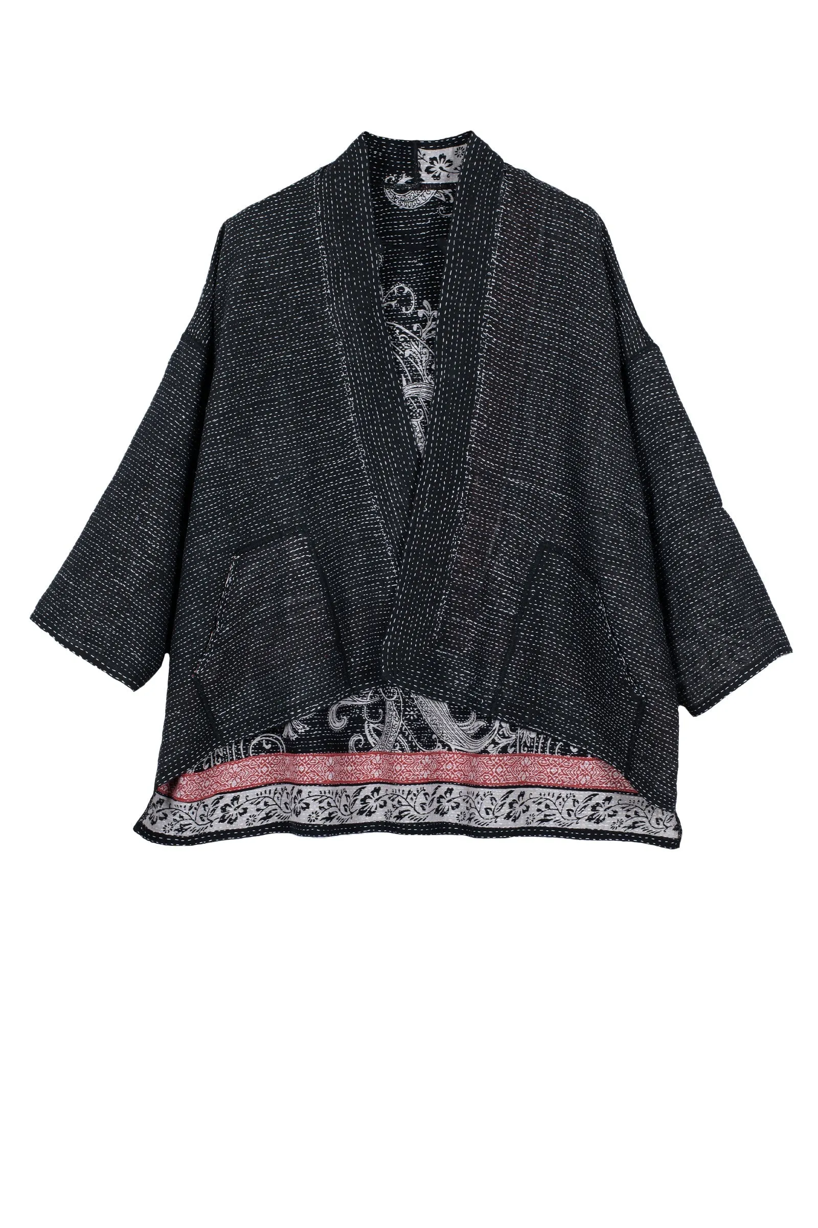 COTTON PAISLEY KANTHA MINI KIMONO JKT - cp2055-blk -