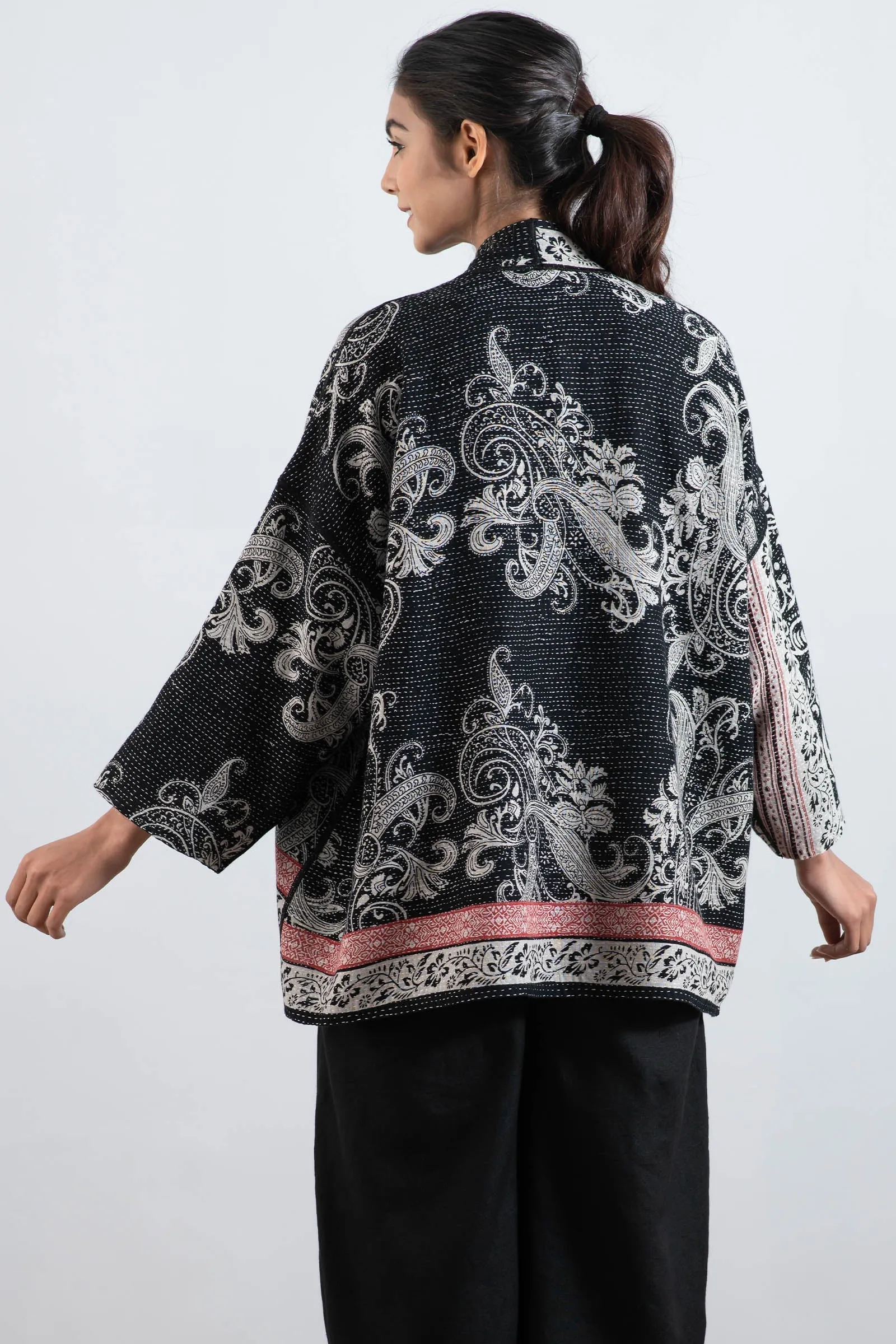 COTTON PAISLEY KANTHA MINI KIMONO JKT - cp2055-blk -