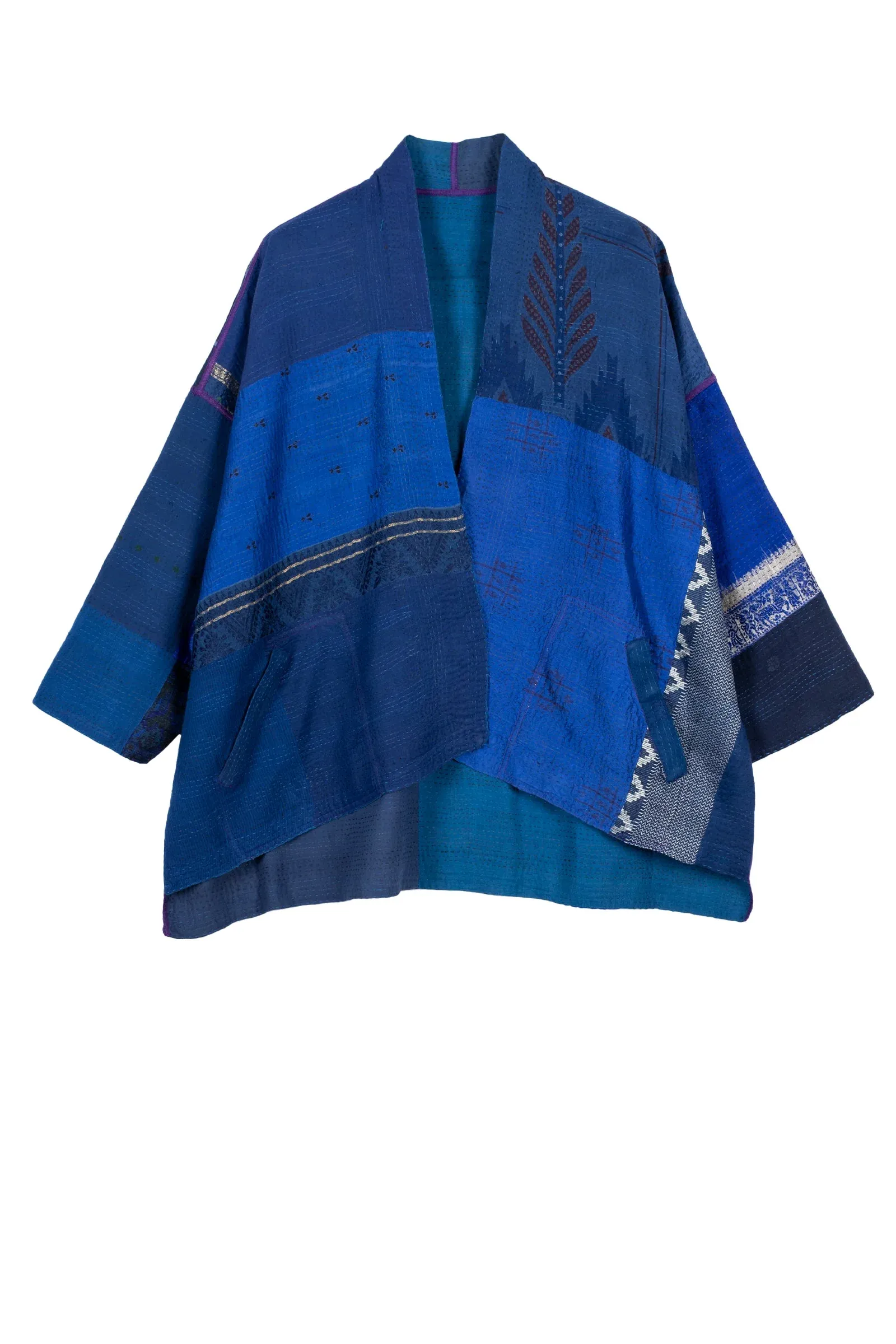 COTTON SILK SW PATCH KANTHA MINI KIMONO JACKET - ws2055-blu -