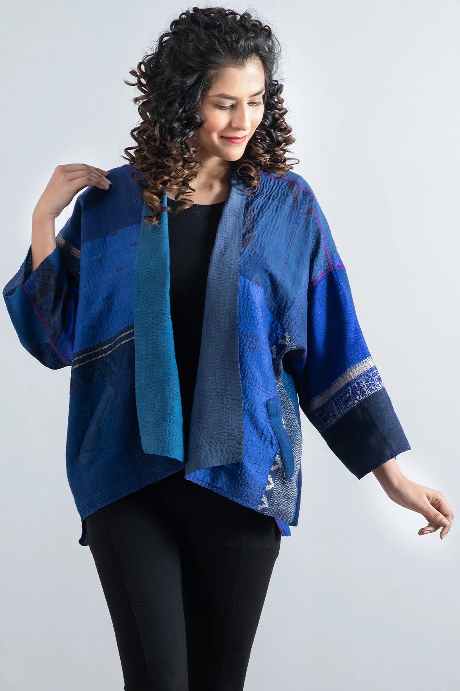 COTTON SILK SW PATCH KANTHA MINI KIMONO JACKET - ws2055-blu -