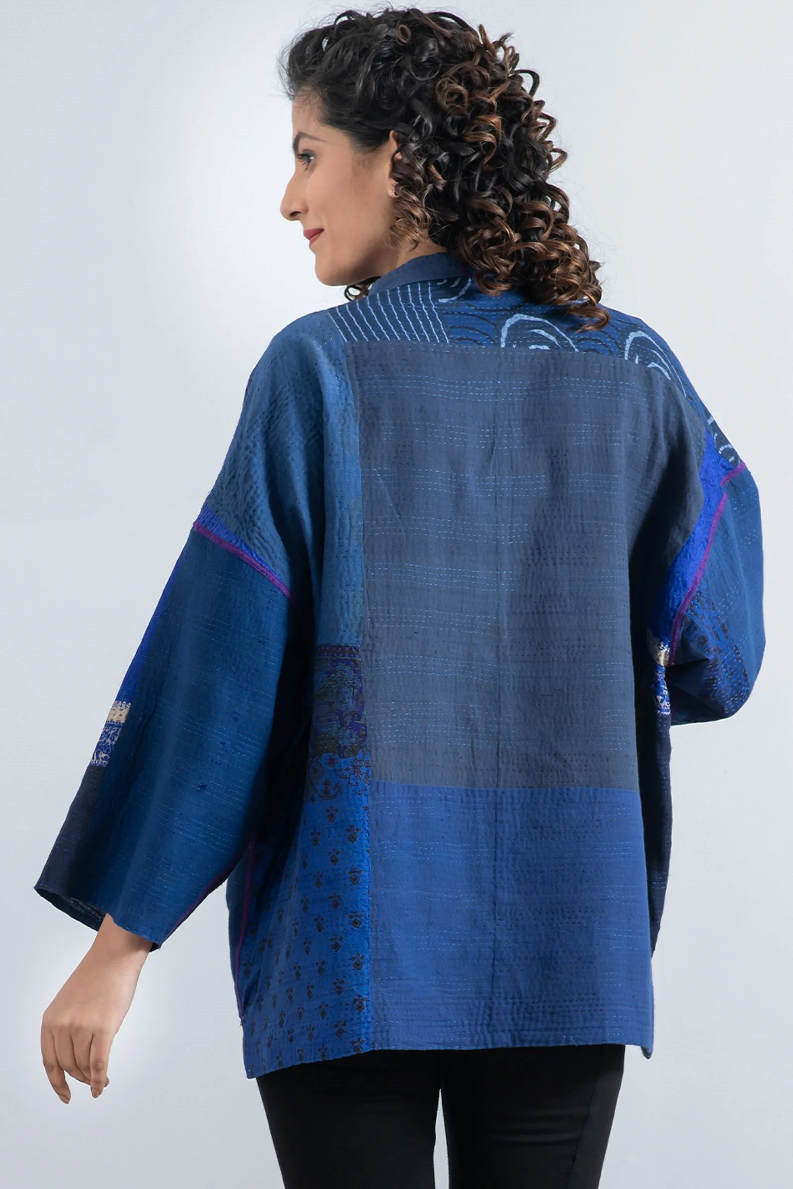 COTTON SILK SW PATCH KANTHA MINI KIMONO JACKET - ws2055-blu -