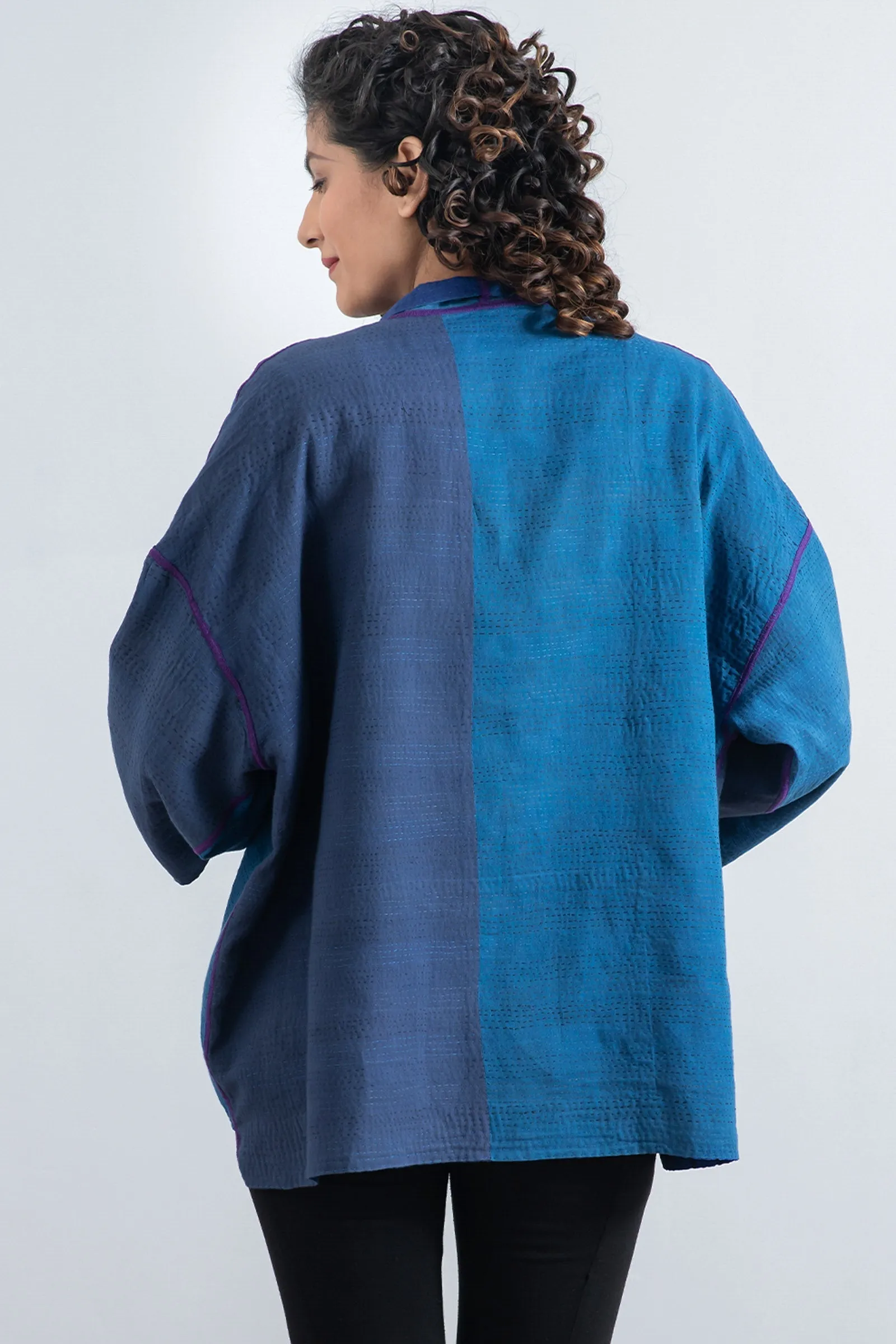 COTTON SILK SW PATCH KANTHA MINI KIMONO JACKET - ws2055-blu -