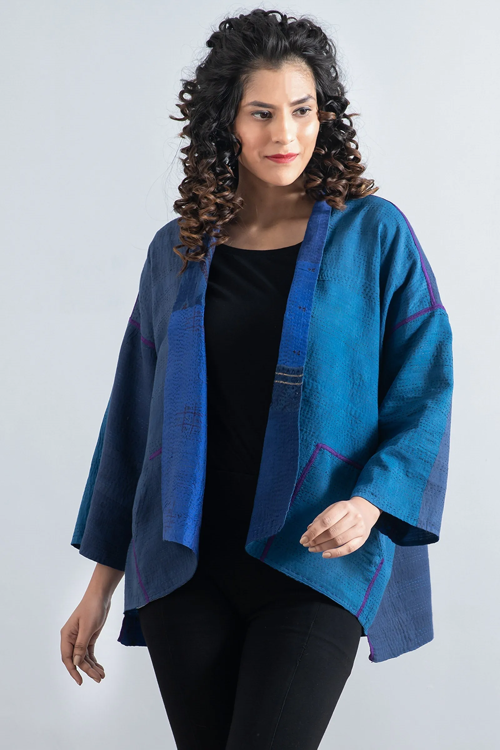 COTTON SILK SW PATCH KANTHA MINI KIMONO JACKET - ws2055-blu -