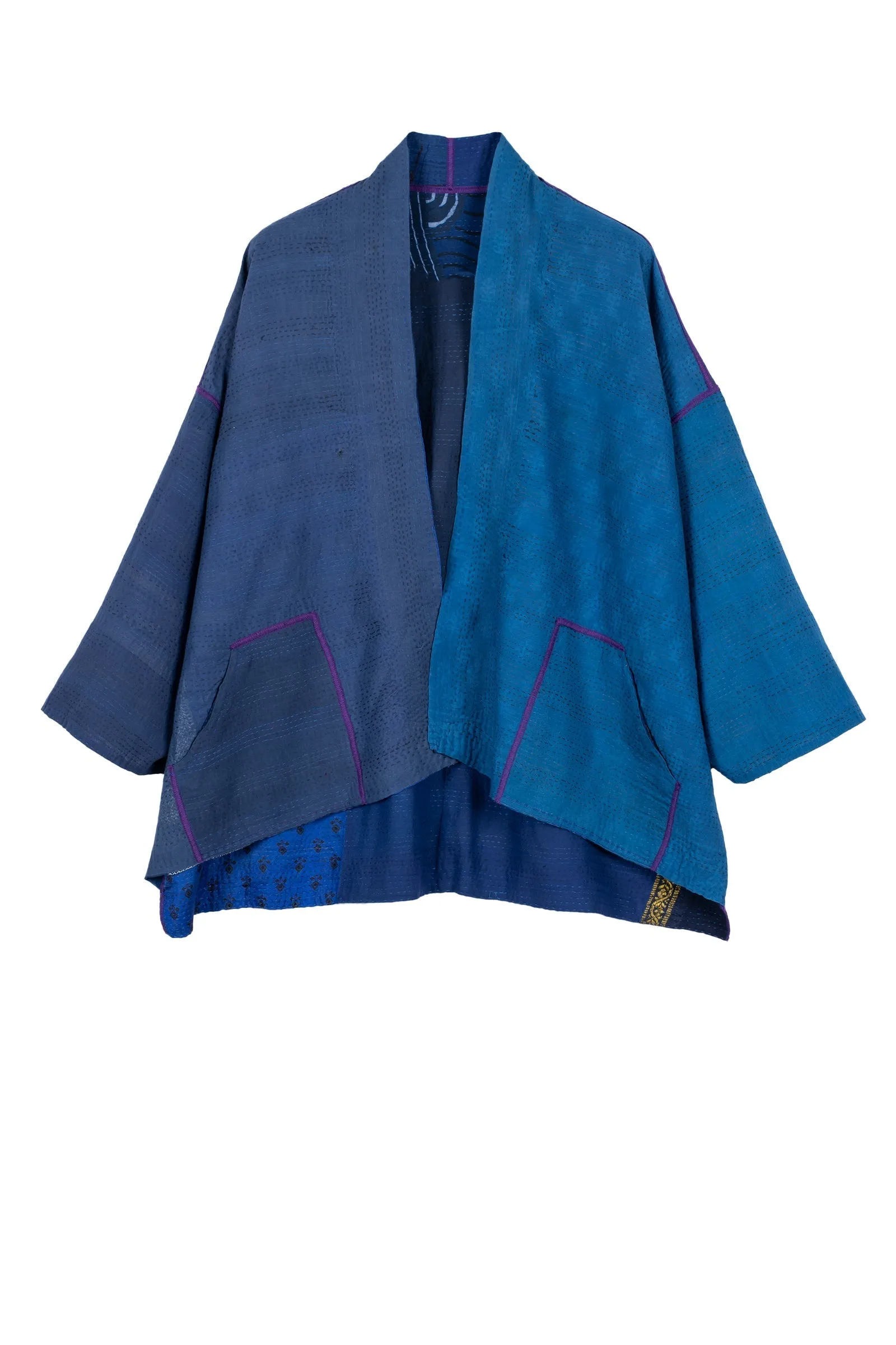 COTTON SILK SW PATCH KANTHA MINI KIMONO JACKET - ws2055-blu -