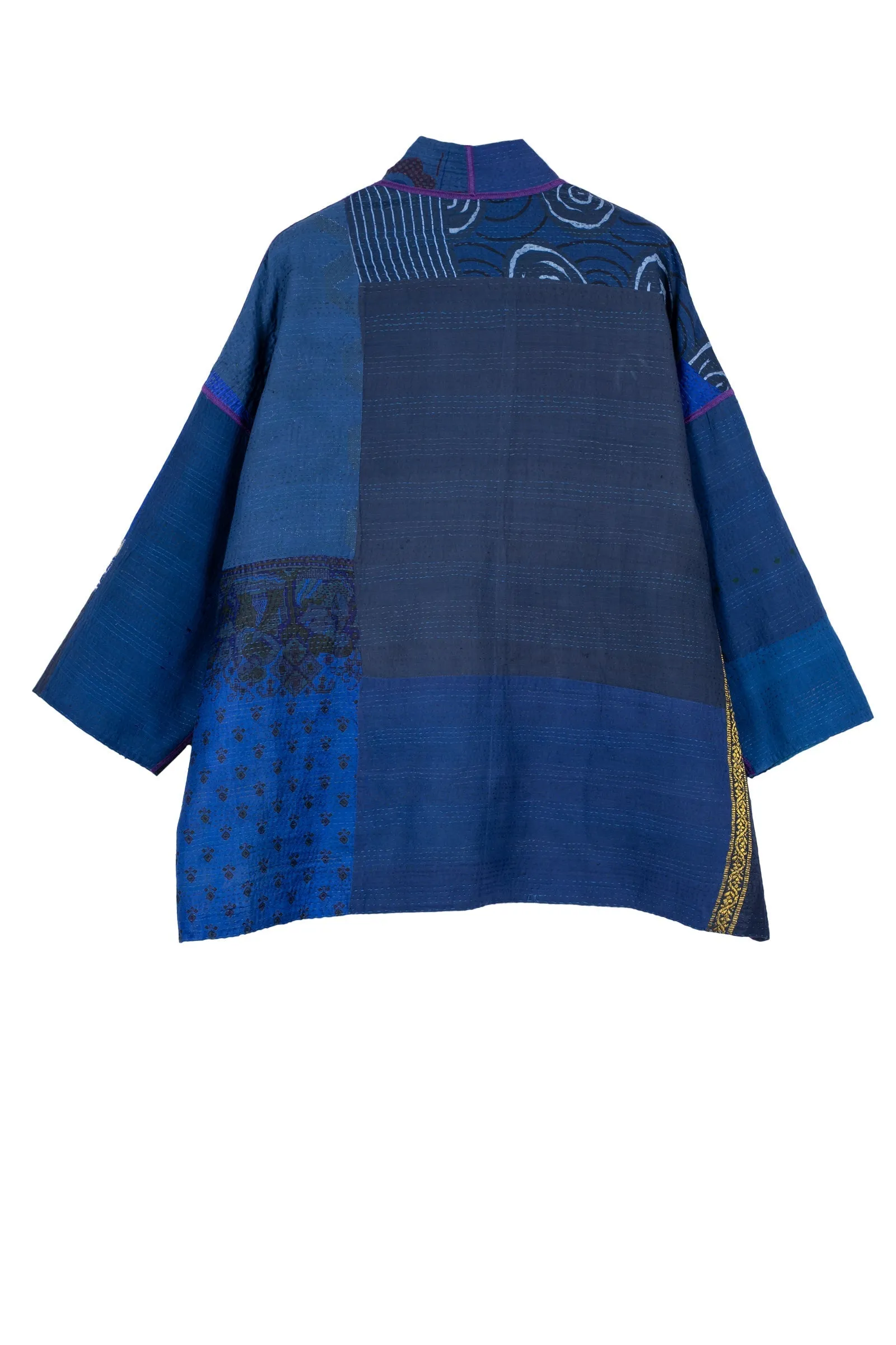 COTTON SILK SW PATCH KANTHA MINI KIMONO JACKET - ws2055-blu -