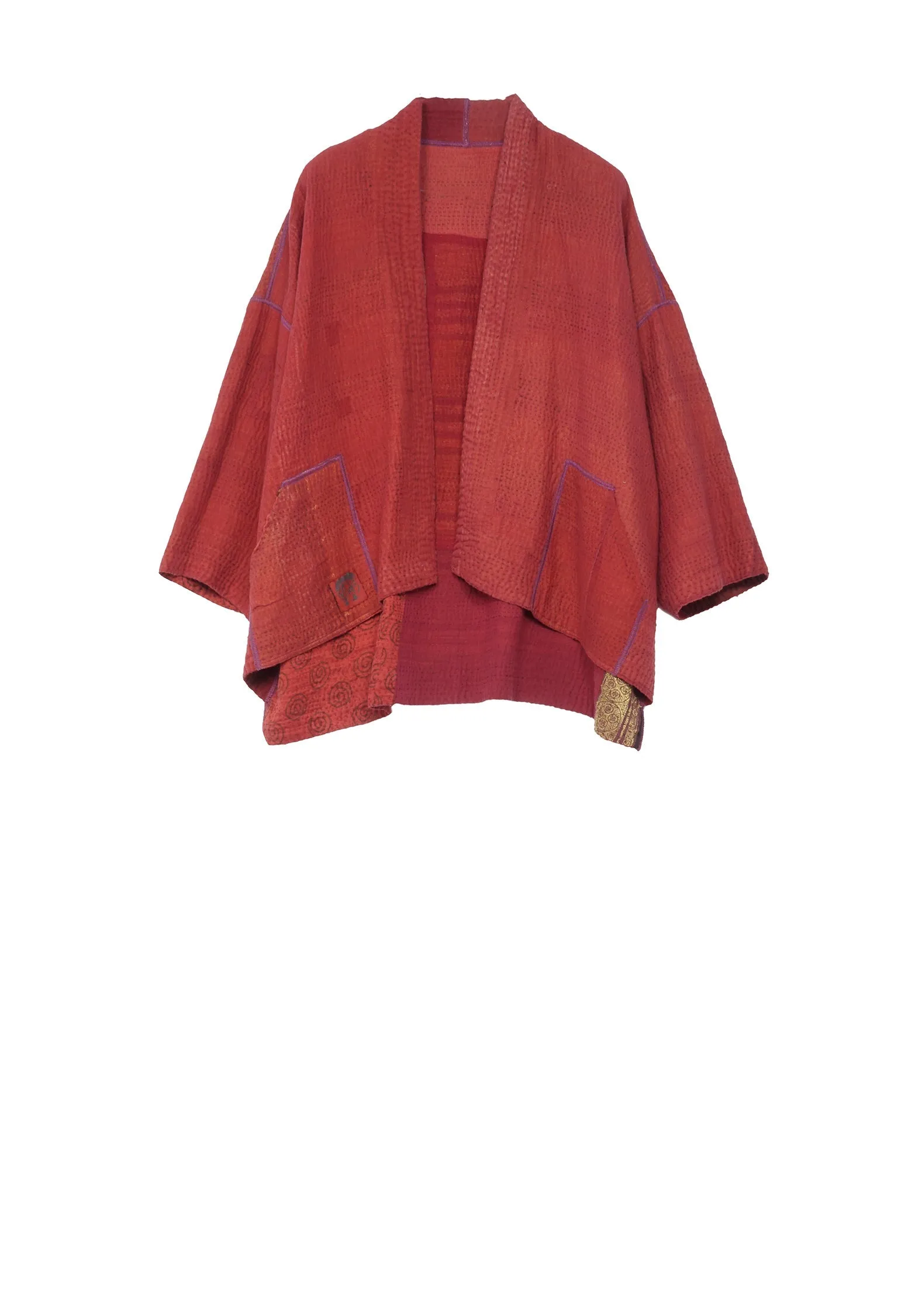 COTTON SILK SW PATCH KANTHA MINI KIMONO JKT - ws4055-red -