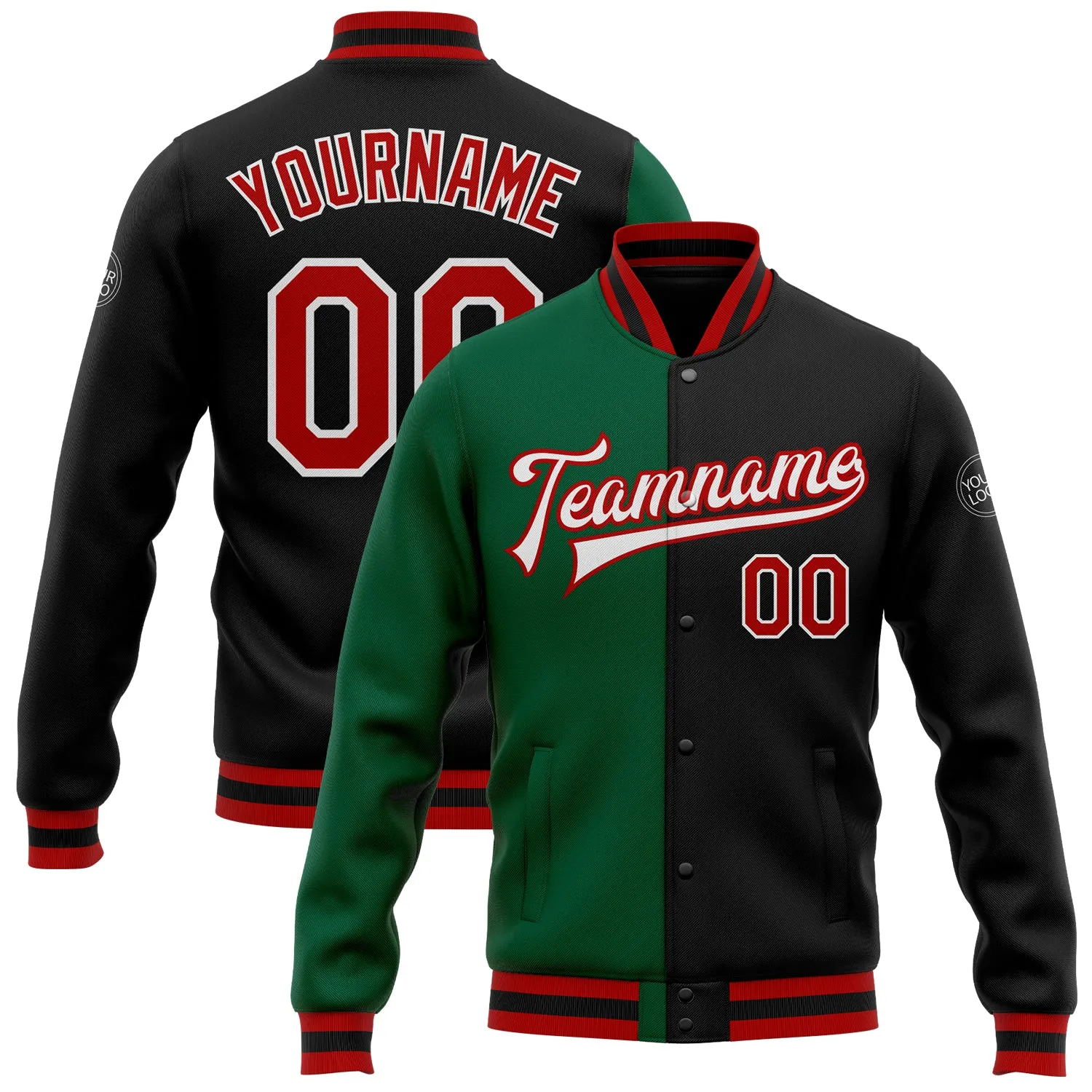 Custom Black Red-Kelly Green Bomber Full-Snap Varsity Letterman Split Fashion Jacket