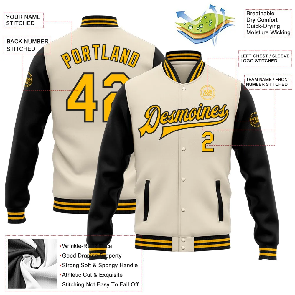 Custom Cream Gold-Black Bomber Full-Snap Varsity Letterman Two Tone Jacket