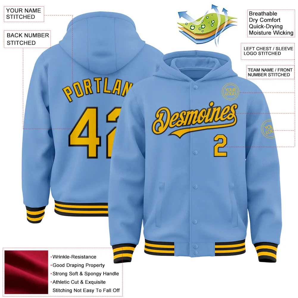 Custom Light Blue Gold-Black Bomber Full-Snap Varsity Letterman Hoodie Jacket