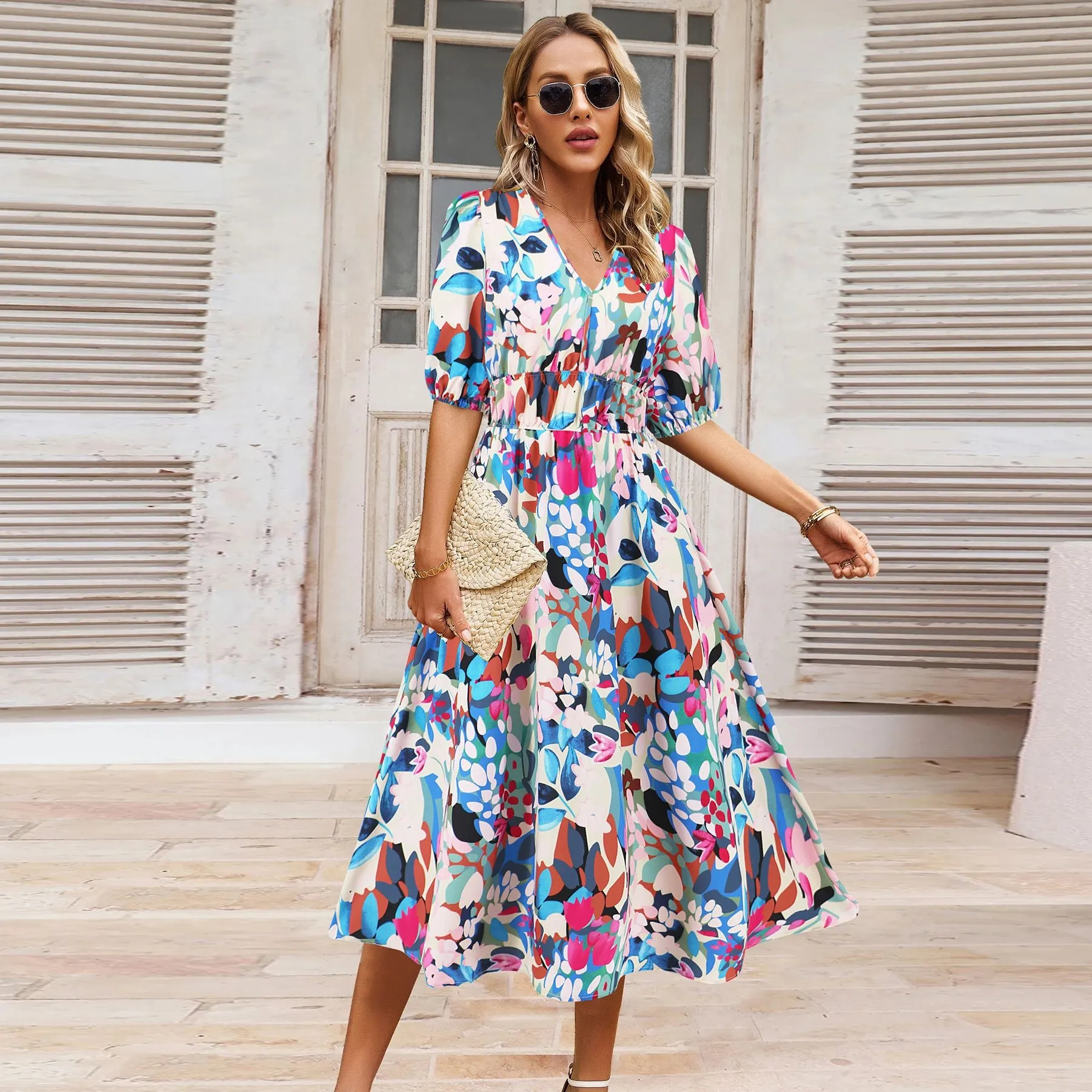 DEANWAQNGKT  European and American Foreign Trade Summer Women's V-neck Bohemian Printing Dress A- line Skirt Cross-Border  Temu Hot Sale