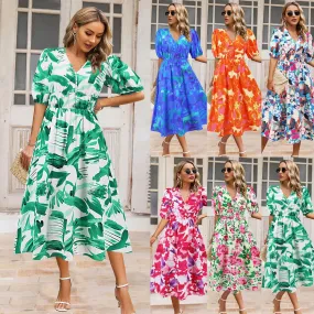 DEANWAQNGKT  European and American Foreign Trade Summer Women's V-neck Bohemian Printing Dress A- line Skirt Cross-Border  Temu Hot Sale