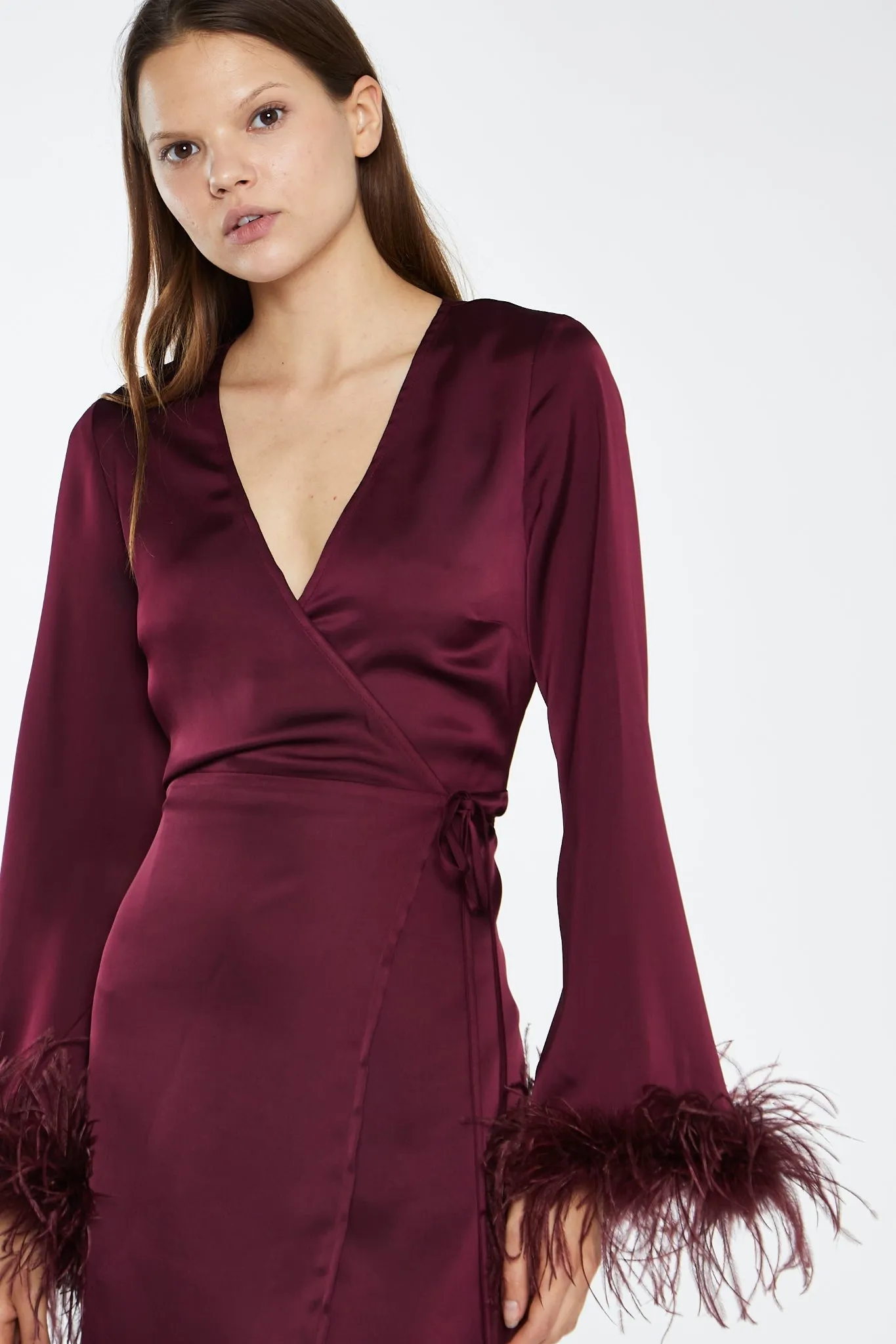 Deep-Burgundy Satin Feather Trim Wrap Mini-Dress