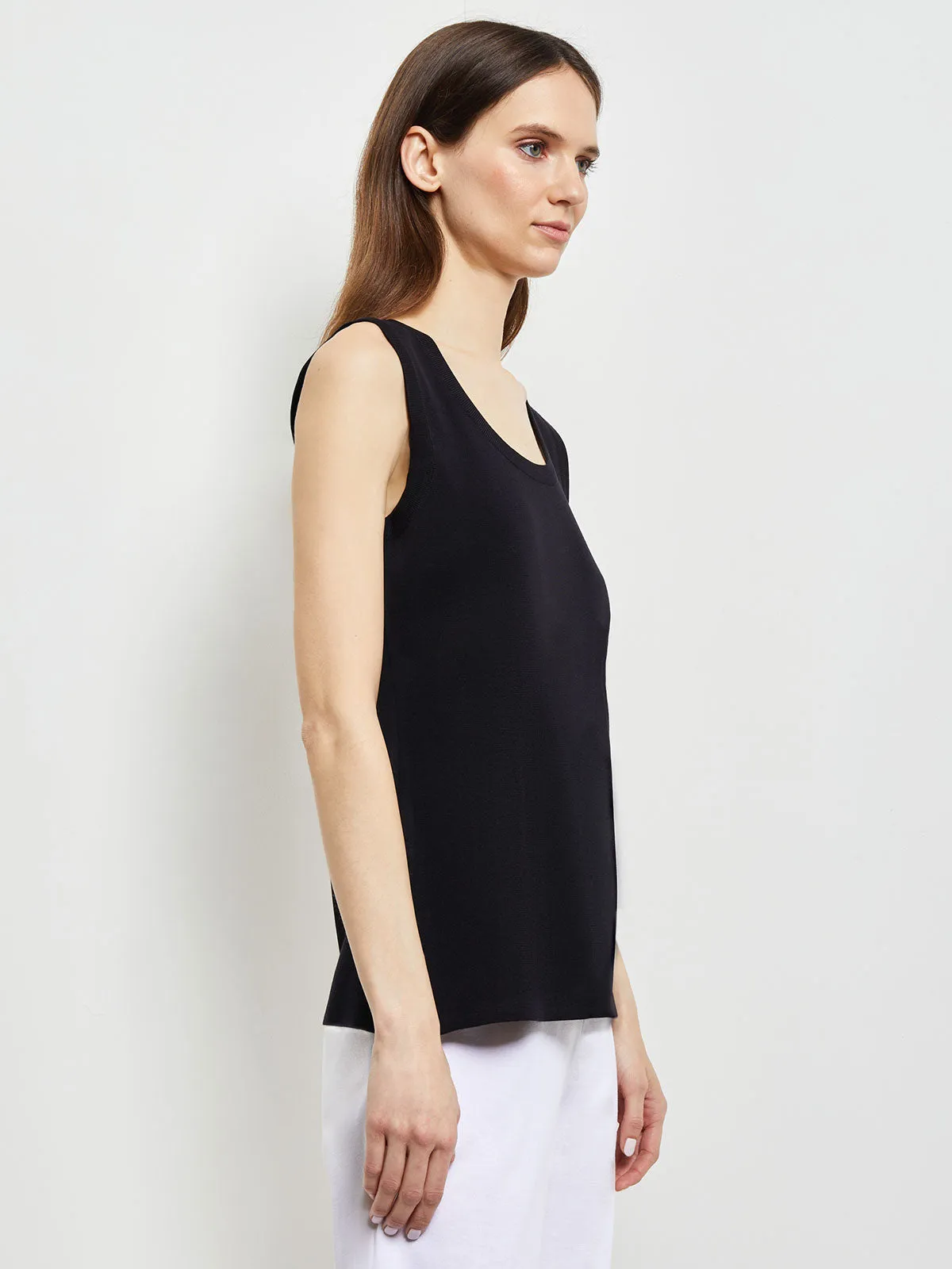 Double Scoop Neck Knit Tank Top, Black