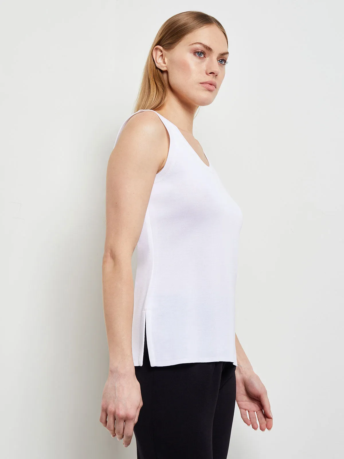 Double Scoop Neck Knit Tank Top, White