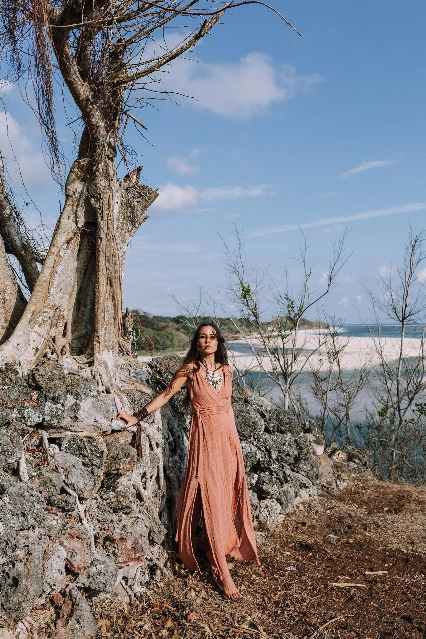 Dusty Pink Organic Bohemian Maxi Bridesmaid Dress with Hand Loomed Threaded Back