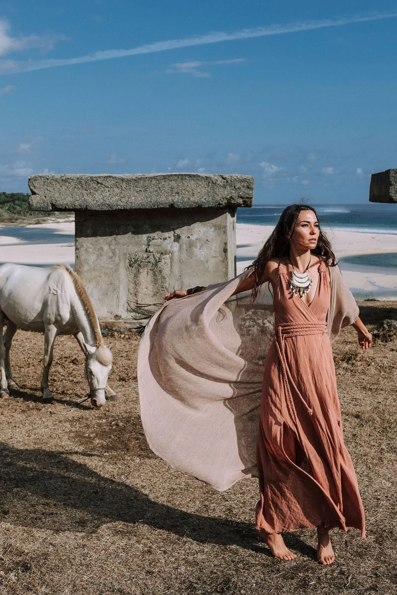 Dusty Pink Organic Bohemian Maxi Bridesmaid Dress with Hand Loomed Threaded Back