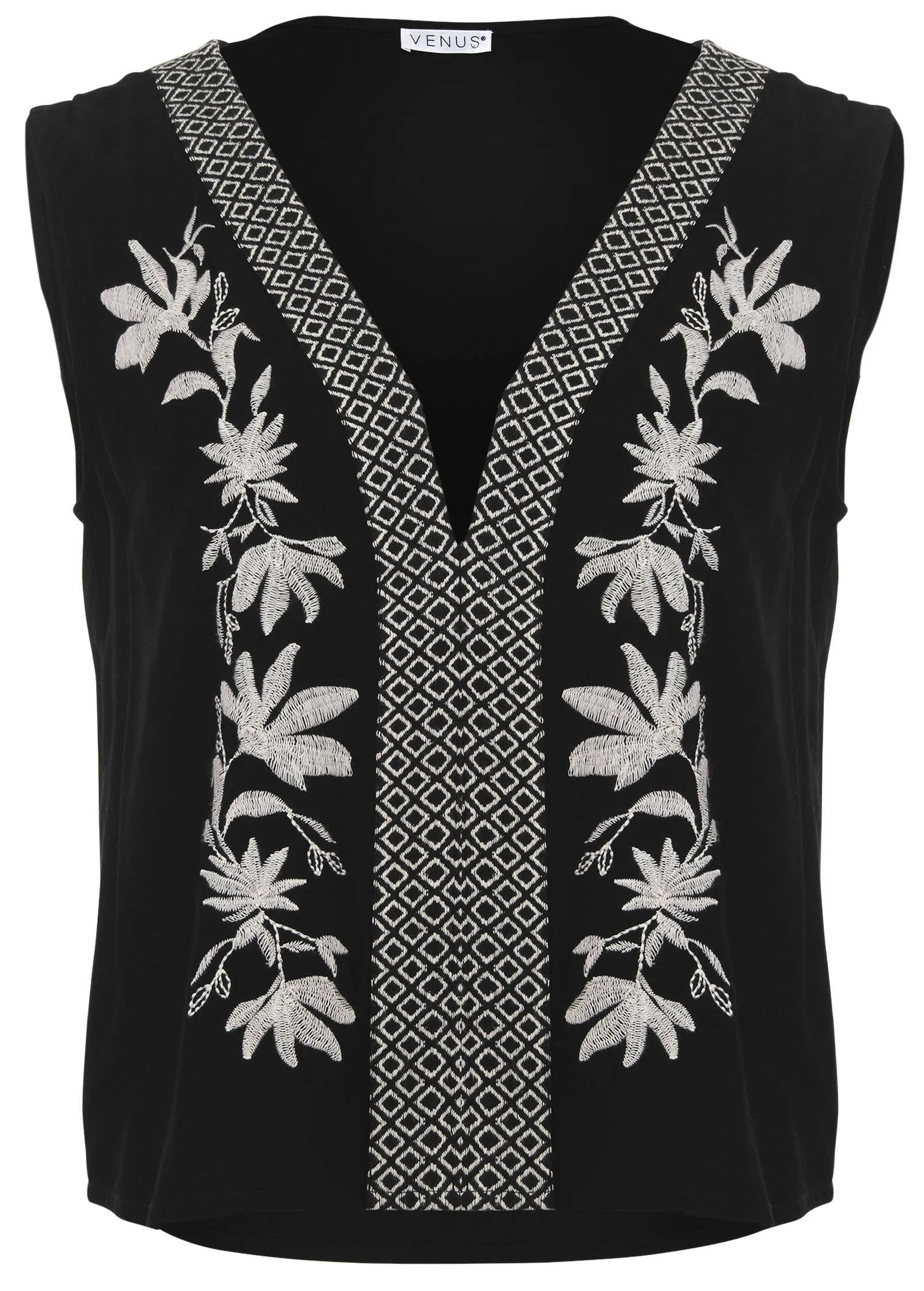 Embroidered Floral Tank - Black