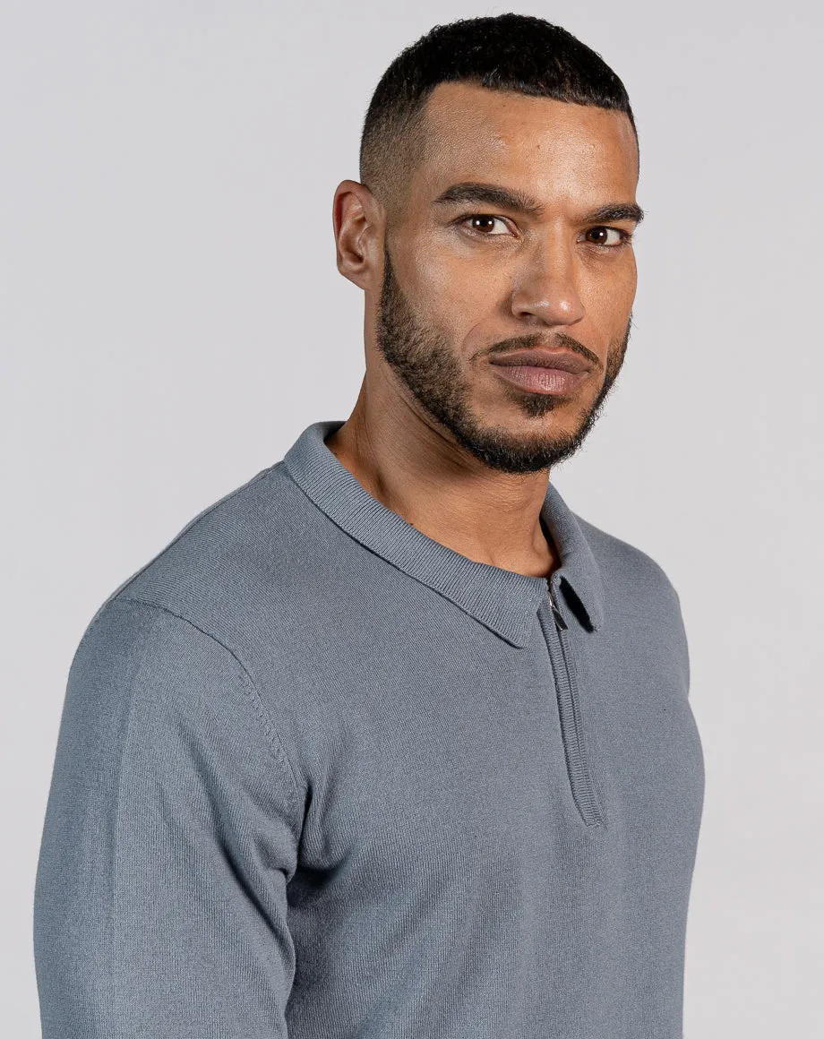 ESSENTIAL LONG SLEEVE ZIPPED POLO TOP - MID BLUE