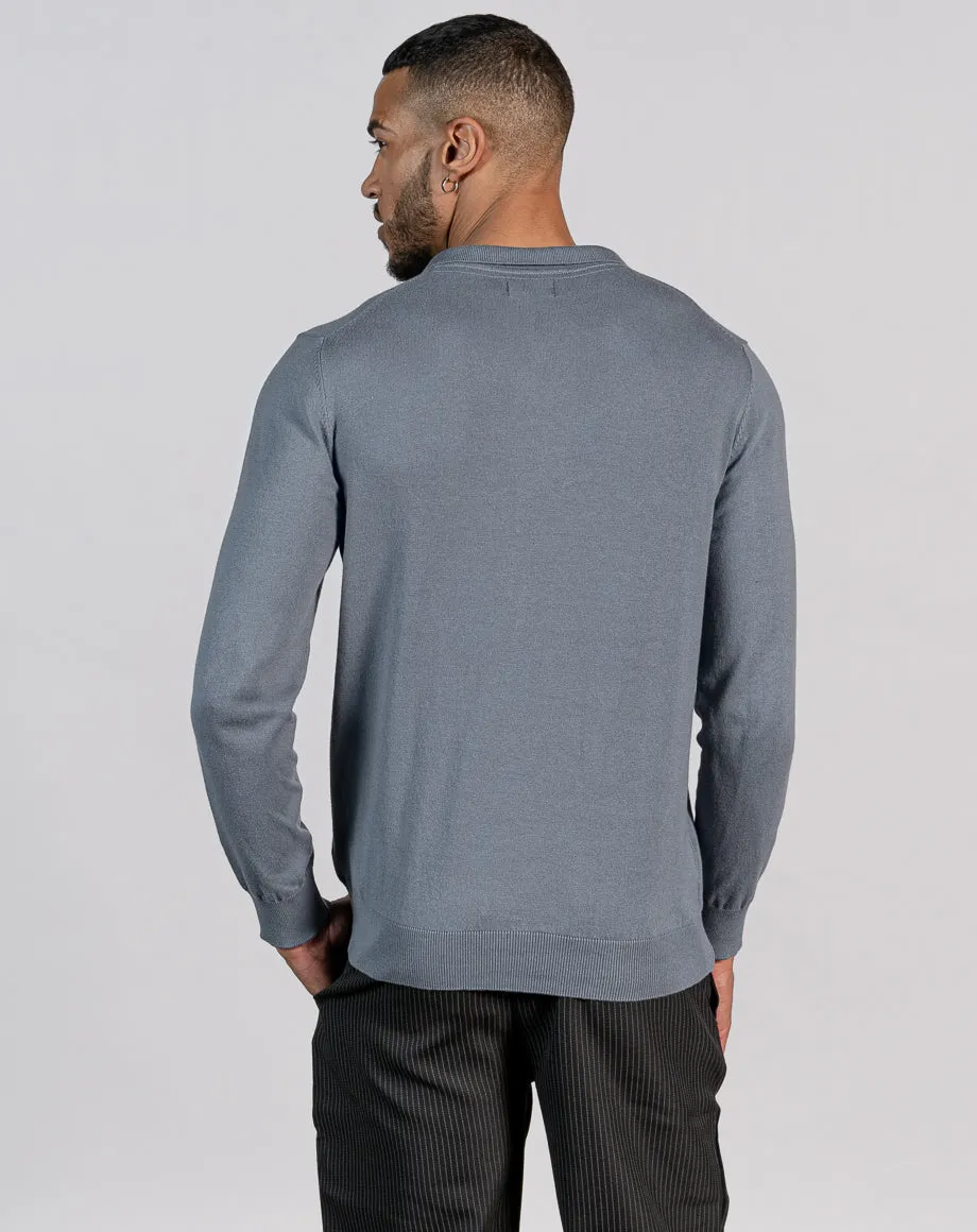 ESSENTIAL LONG SLEEVE ZIPPED POLO TOP - MID BLUE