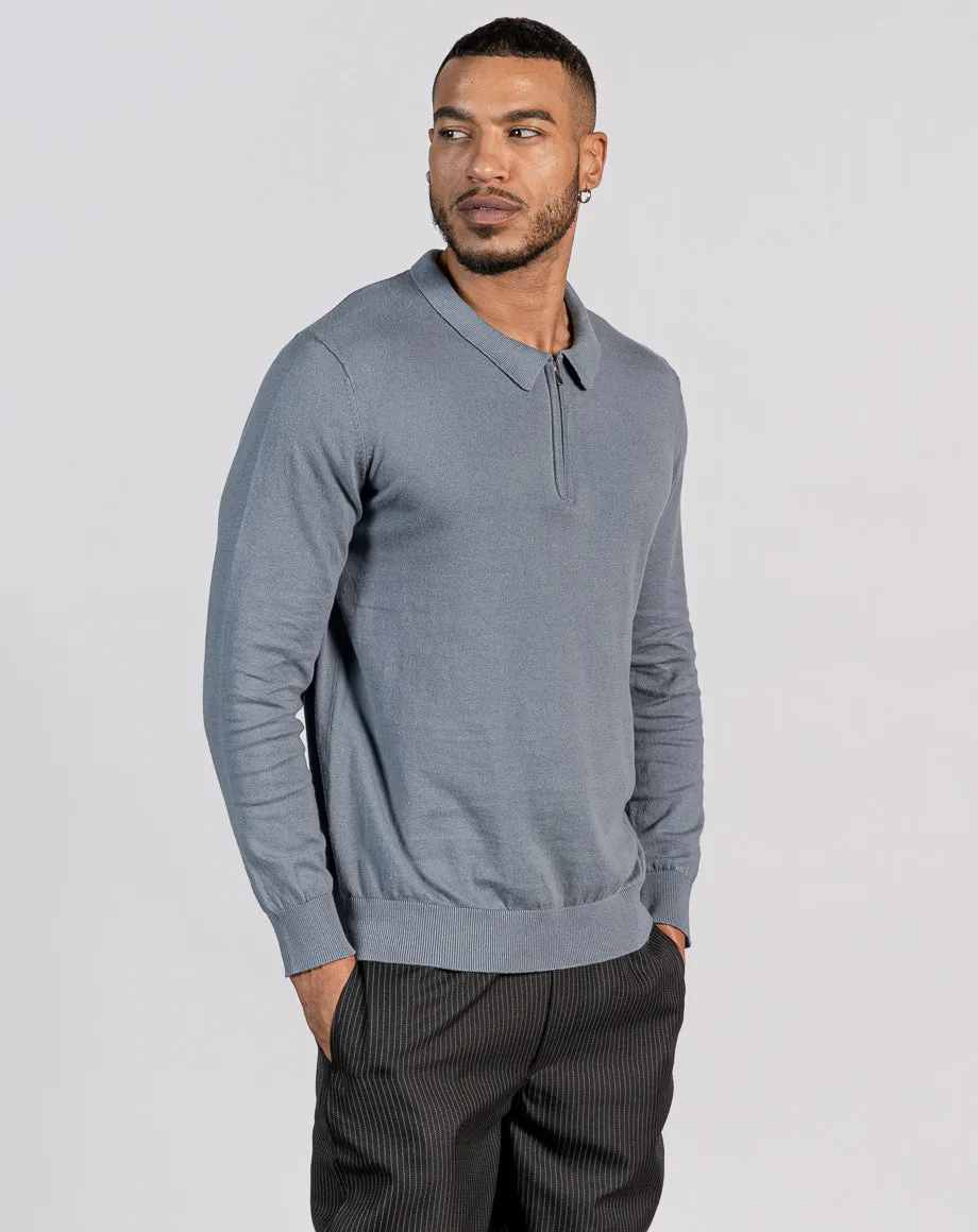 ESSENTIAL LONG SLEEVE ZIPPED POLO TOP - MID BLUE