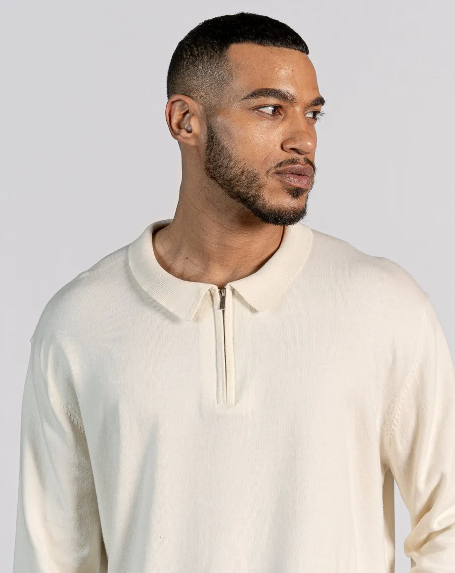 ESSENTIAL OVERSIZED LONG SLEEVE ZIPPED NECK POLO - ECRU