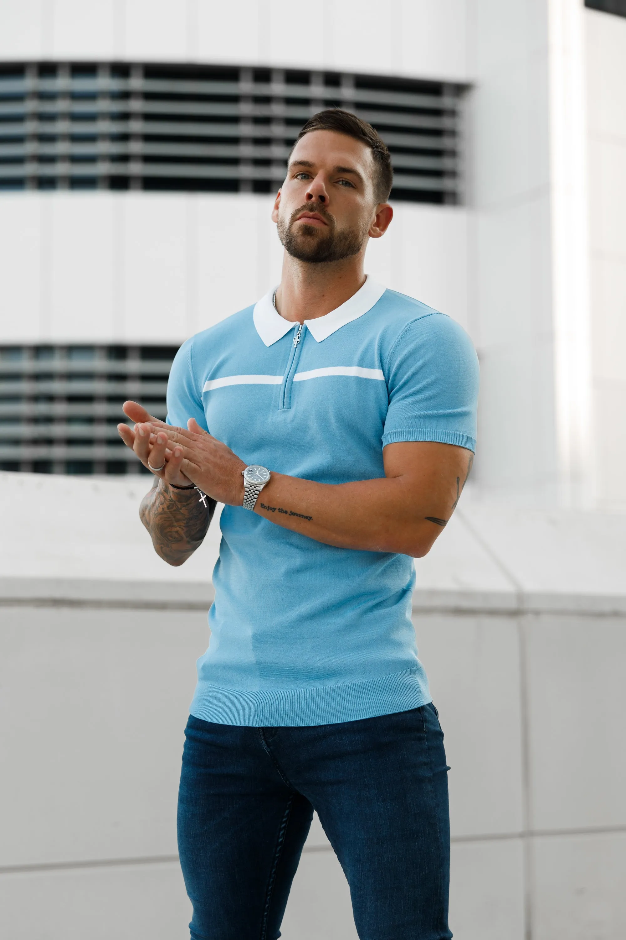 Father Sons Classic Sky Blue / White Horizontal Stripe Zipped Polo Short Sleeve - FSN058