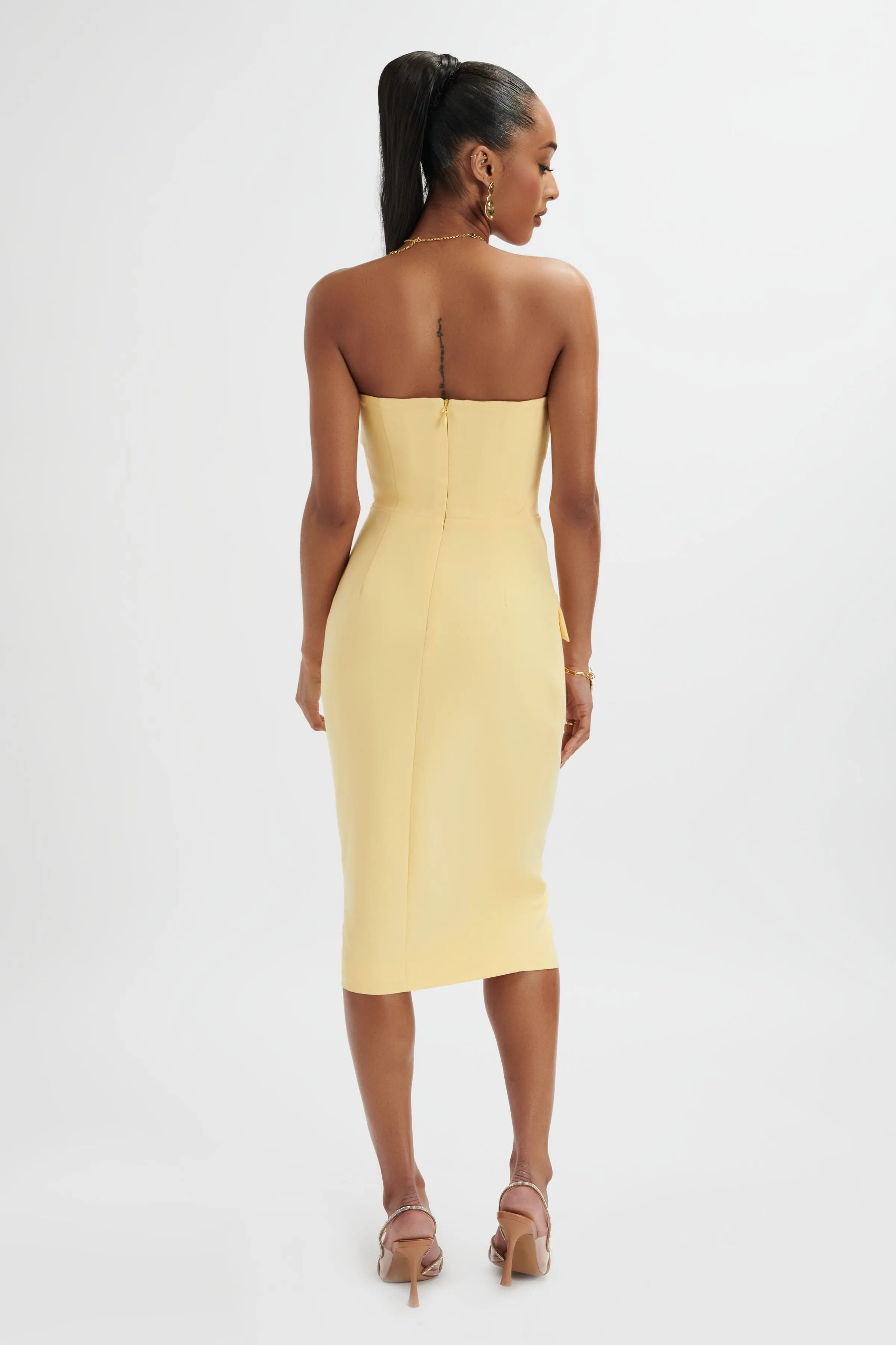 FLUER Bandeau Tailored Midi Dress In Pastel Yellow