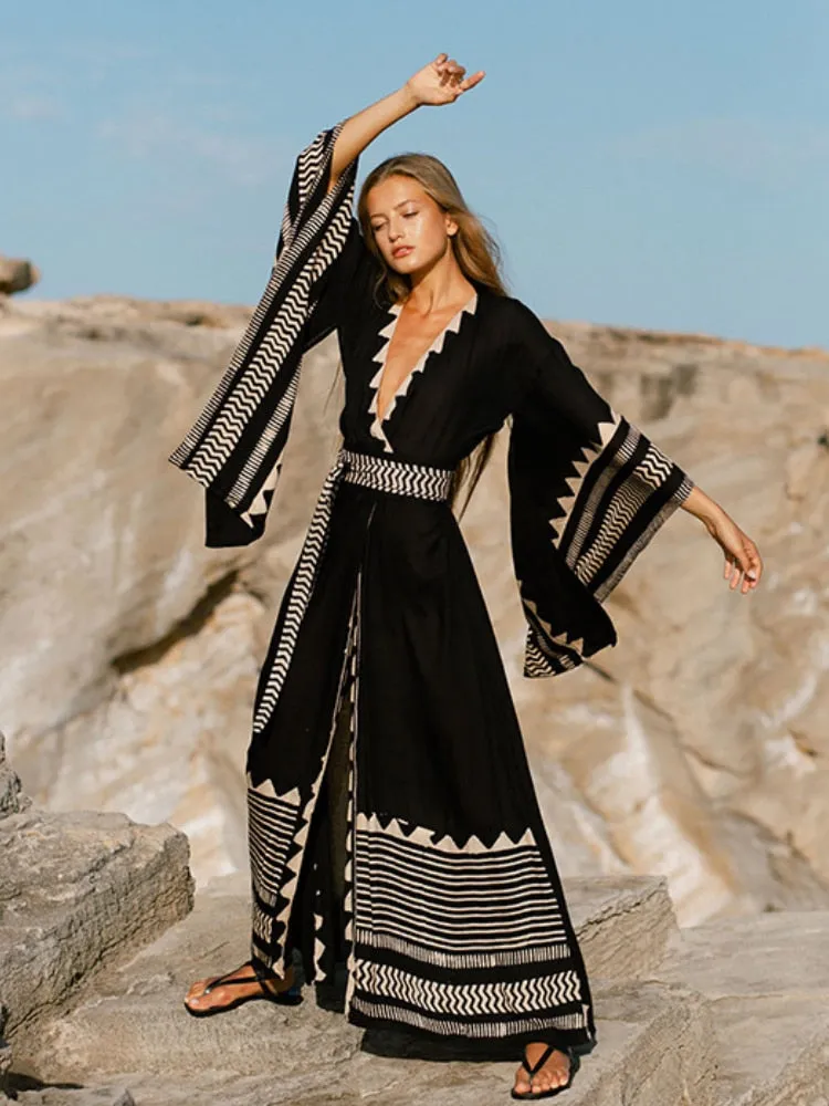 FORERUN Bikini Cover Up Bohemian Beach Kimonos for Women Fashion Elegant Geometric Black Wrap Dresses Beachwear Swimsuit