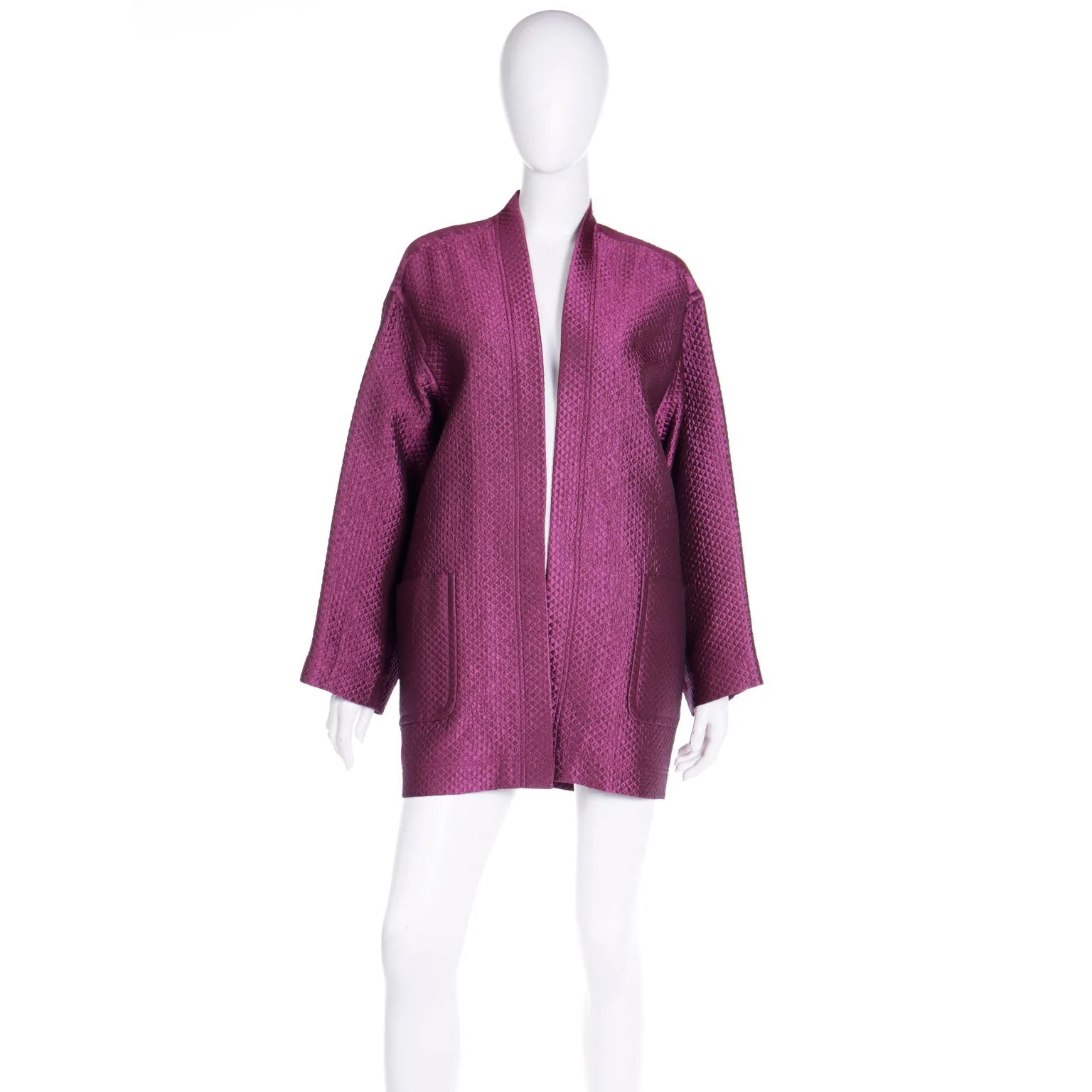 F/W 1990 Isaac Mizrahi Purple Quilted Silk Blend Open Front Jacket