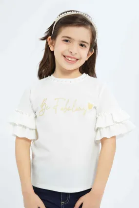 Girls White "Be Fabulous" Placement Print Blouse