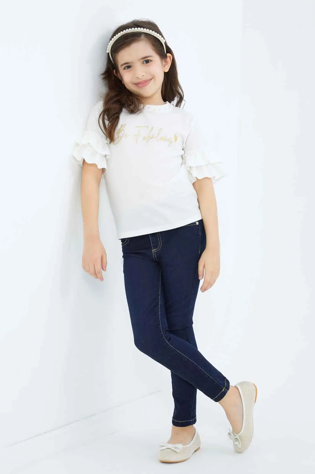 Girls White "Be Fabulous" Placement Print Blouse